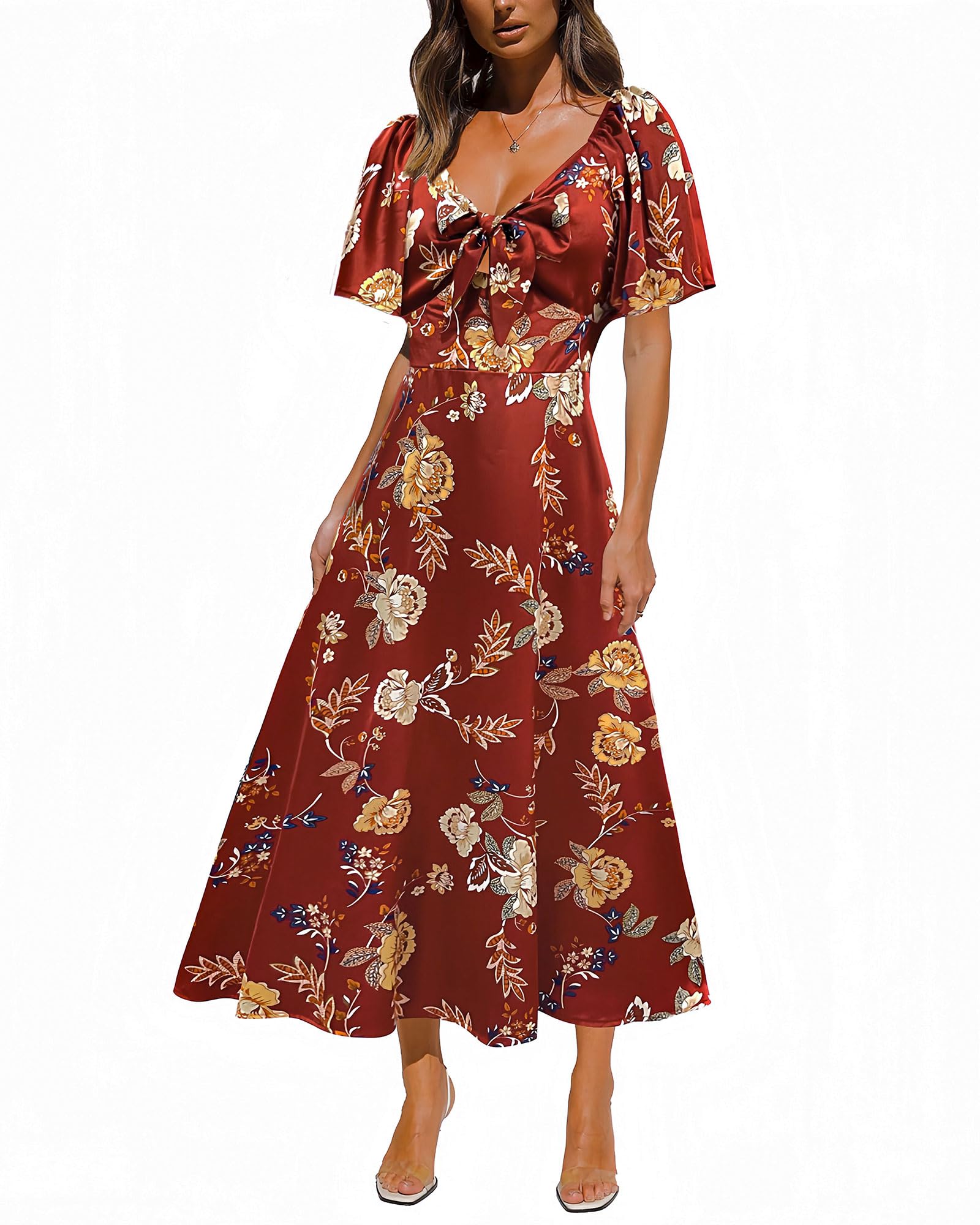 2026 Maxi Dress Women Satin Elegant Floral Tie Front Cap Sleeve