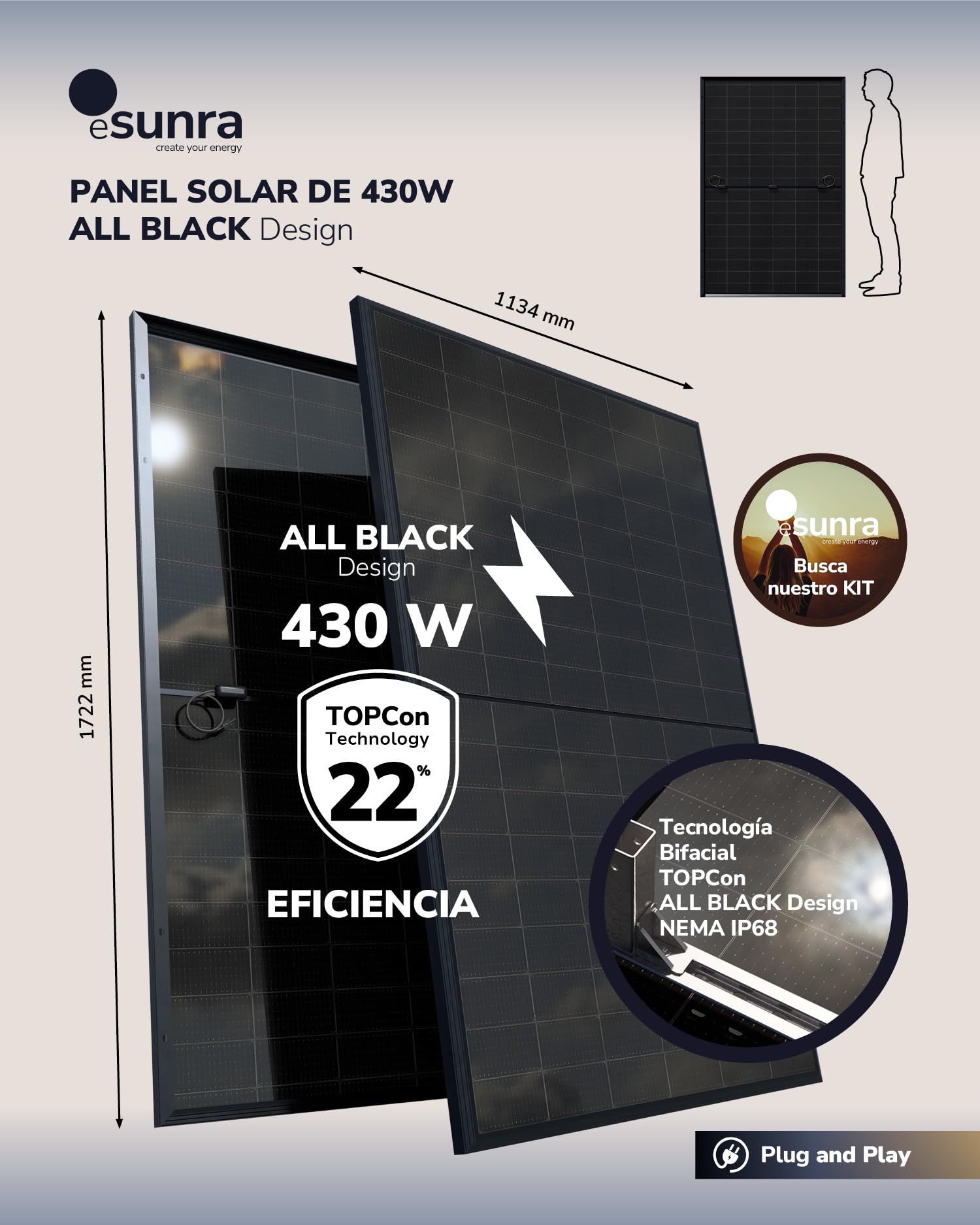 2 paneles solares bifaciales de 430W - Tecnología TOPCon - Rendimiento del 22% - Cables de 1,2m - ALLBLACK 2SX Model