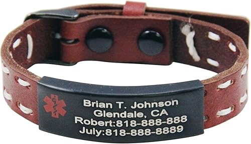 Pulsera de identificación médica de calidad personalizada con cuero genuino, Acero inoxidable, Sin gemas.