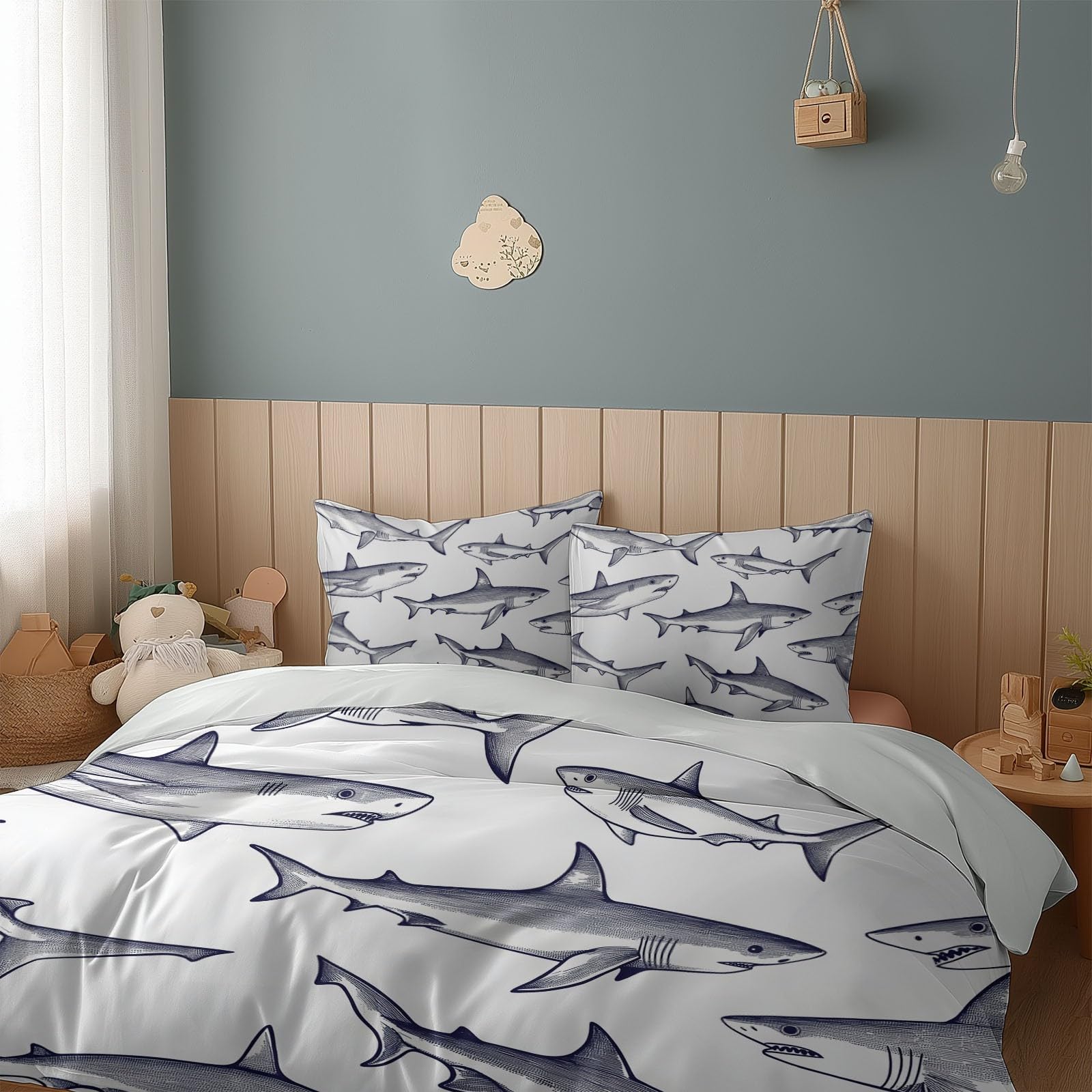 Komplet pościeli 200 x 200 cm, dla dorosłych, chłopców i dziewczynek, minimalistyczny wzór rekina 2-osobowa poszwa na kołdrę z mikrofibry z zamkiem błyskawicznym, 3-częściowy z 2 poszewkami