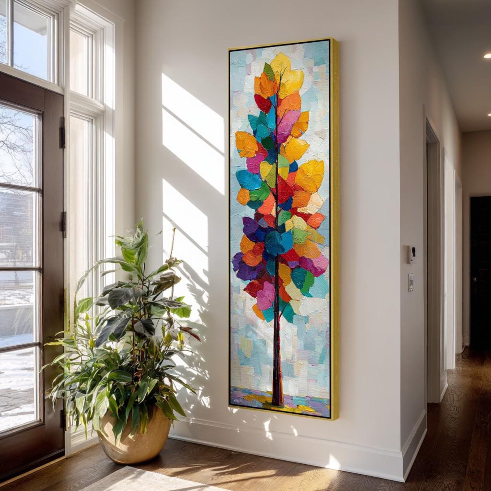 Cuadro de pared con diseño de árbol alto y delgado, arte abstracto para pared, póster vertical enmarcado para decoración de habitaciones, recibidores y oficinas (65 x 195 cm/sin marco).
