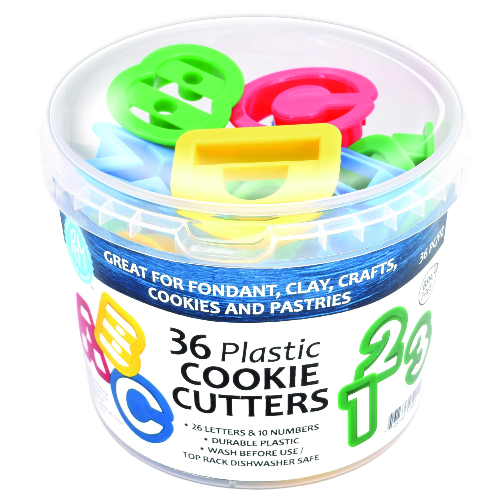 R&M International Alphabet and Number 1.5" Cookie Cutters, 36-Piece Bucket