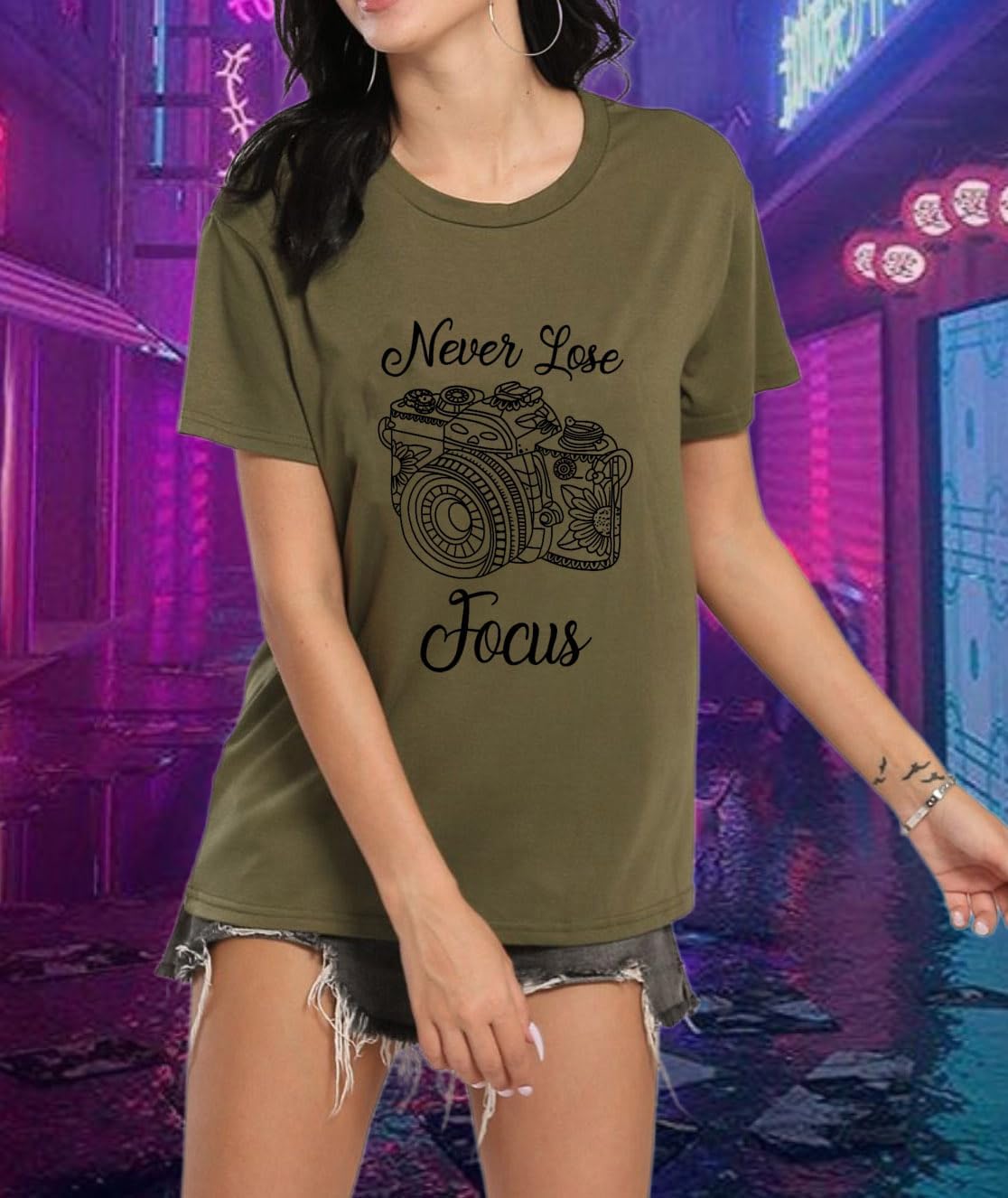 Never Lose Focus Shirt Women Camera Graphic Cute O-Neck Short Sleeve T-Shirt Top - Image 5