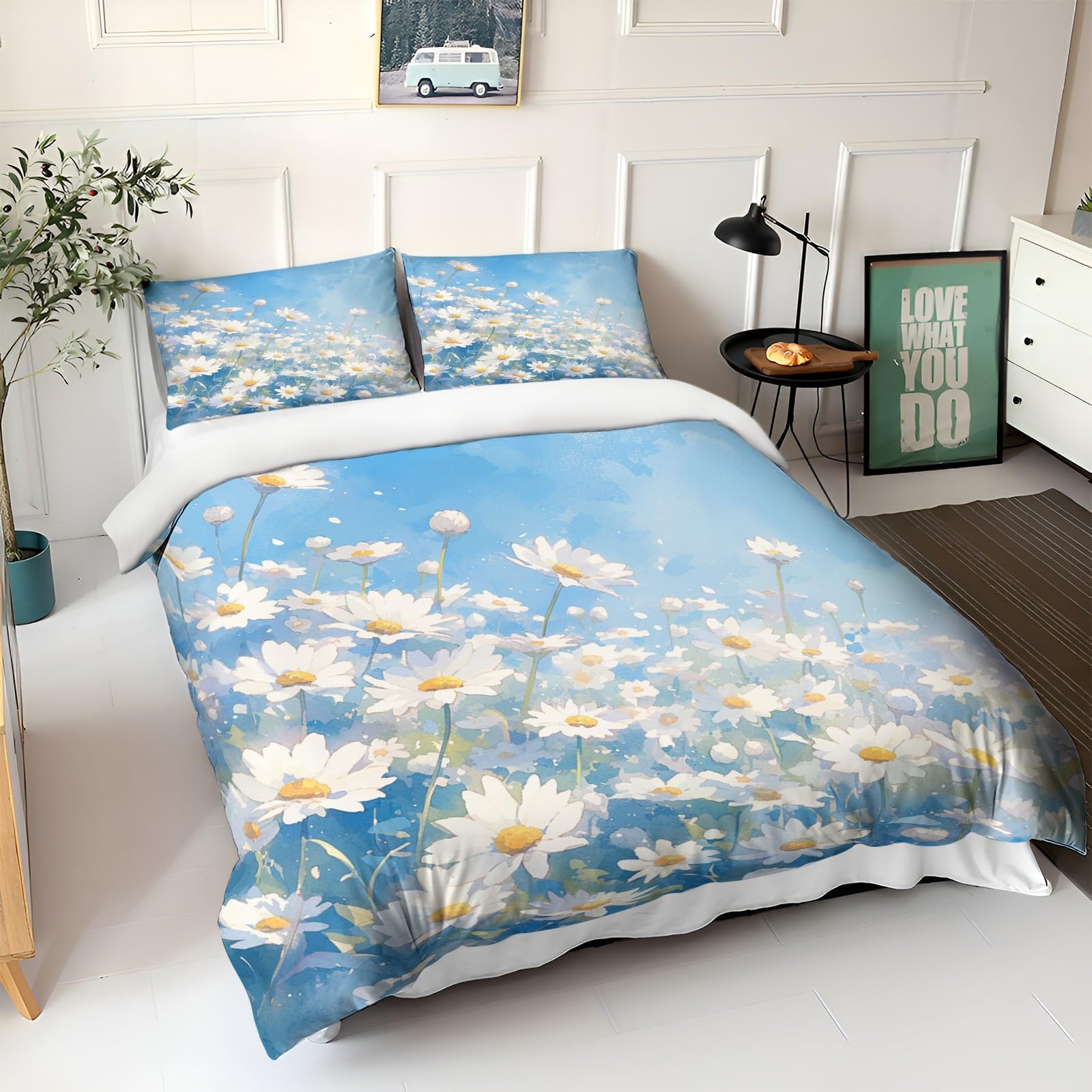 CozyRest 3-częściowy komplet pościeli 200 x 220 cm, miękka pościel z mikrofibry, z poszewką na poduszkę, z zamkiem błyskawicznym, białe stokrotki z motywem kwiatowym