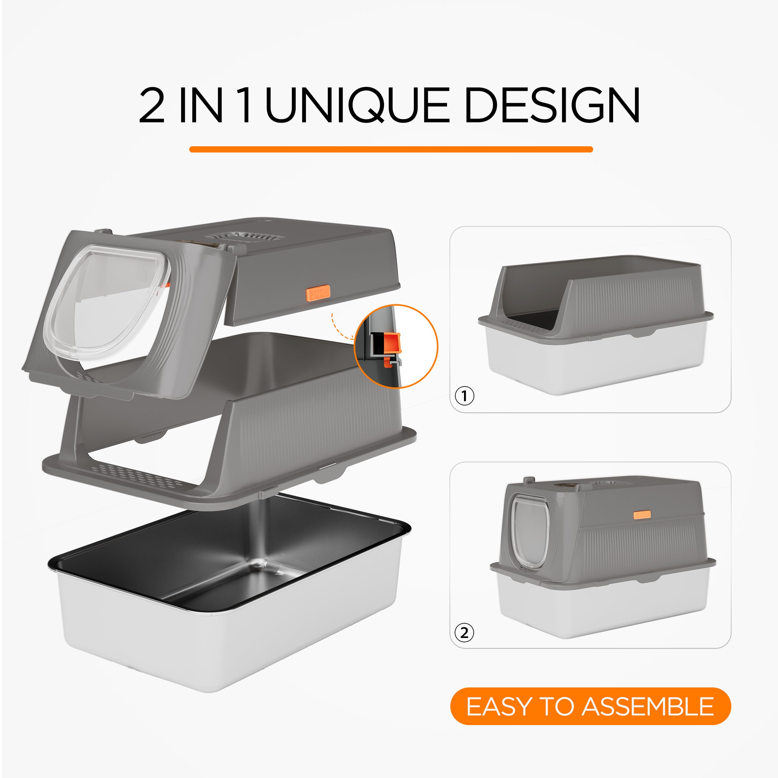 Citylife Stainless Steel Cat Litter Box with Lid，XL Extra Large Enclosed Removable Metal Litter Box with Litter Scoop&Double Layer Litter Mat,Non-Sticky，Non-Odor,Easy Cleaning, for Big Cats，Grey