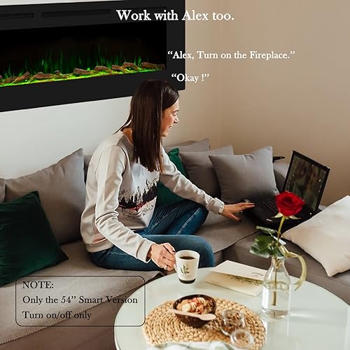 Miniatura 3 de Masarflame Chimenea eléctrica inteligente WiFi de 54 pulgadas, calentador de chimenea empotrado y de montaje en pared con 13 llamas y 3 luces