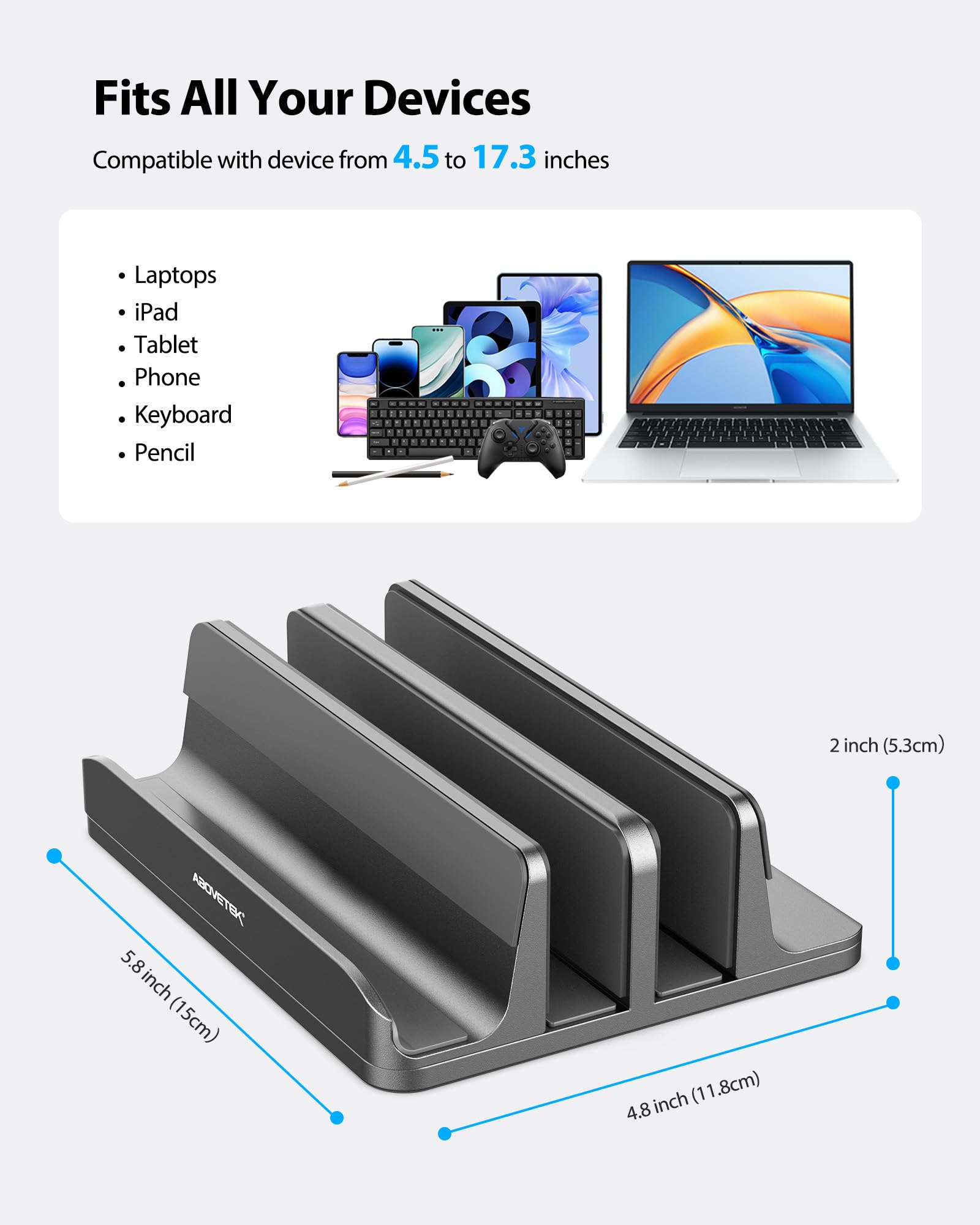 AboveTEK Pionowy stojak na laptopa, 3 przegródki na komputer, tablet, telefon - pasuje do wszystkich modeli laptopów (do 43.9 cm) - wytrzymały uchwyt biurkowy z polerowanego aluminium, antypoślizgowe