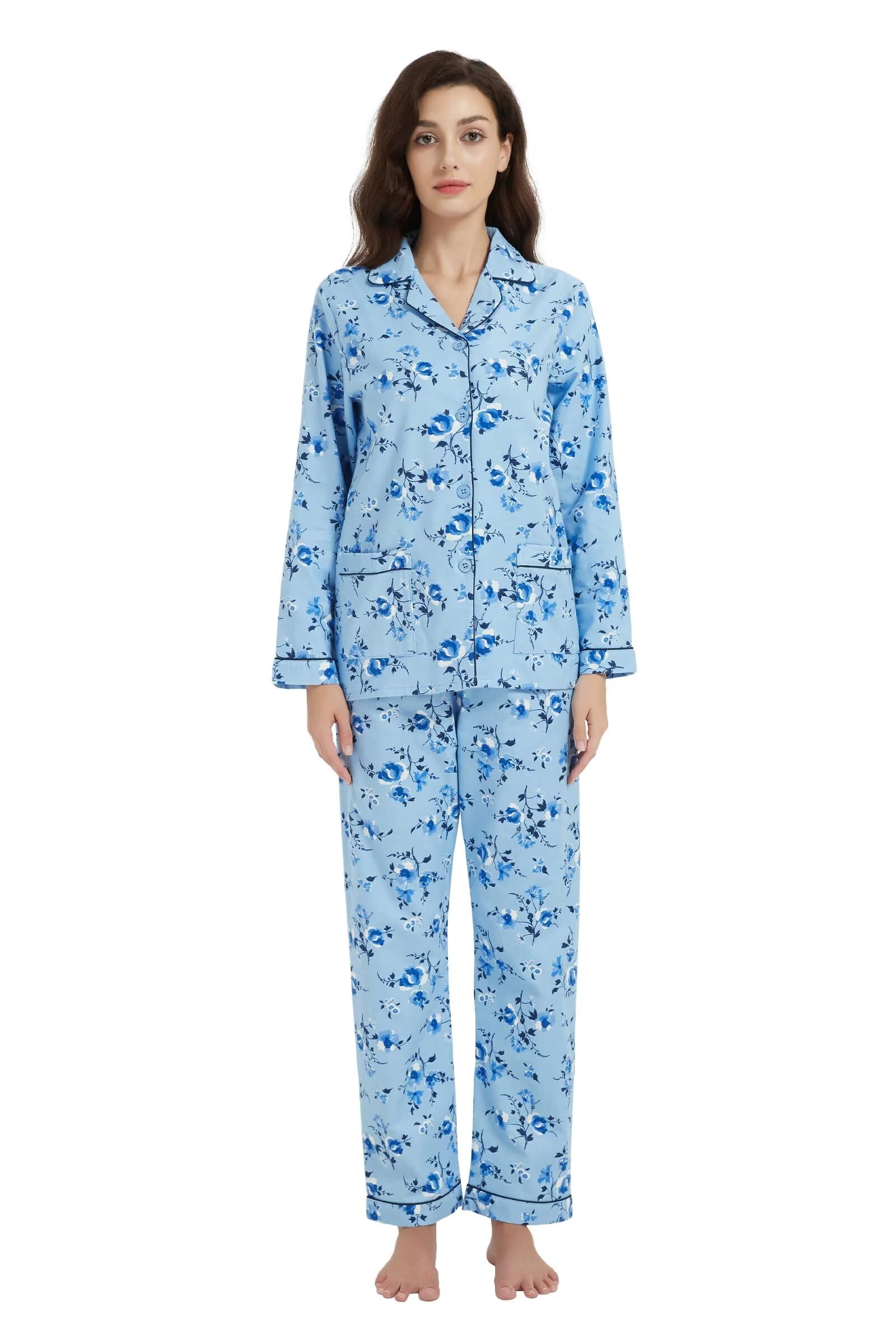 GLOBAL Women's Flannel Pajamas Set 100% Cotton PJs for Women Long Sleeve Button Drawstring Waist Warm Loungewear Sleepwear