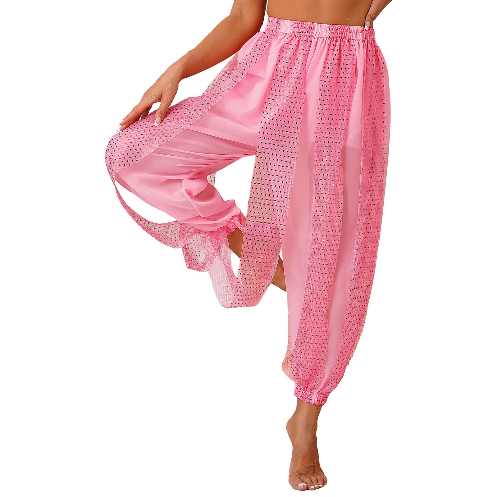 YEAHDOR Women Belly Dance Costume Harem Pants Sequines Dots Yoga Pants Indian Arabic Bloomer Trousers Pink One Size