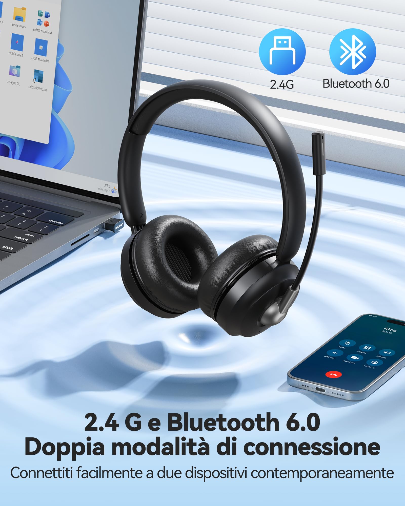 TECKNET V6.0 Cascos Inalámbricos Bluetooth con Doble Conexión, Auriculares con Micrófono,Cancelación de Ruido ENC, Botón de Silencio, hasta 50 Horas, för dator PC/Laptop/Mac