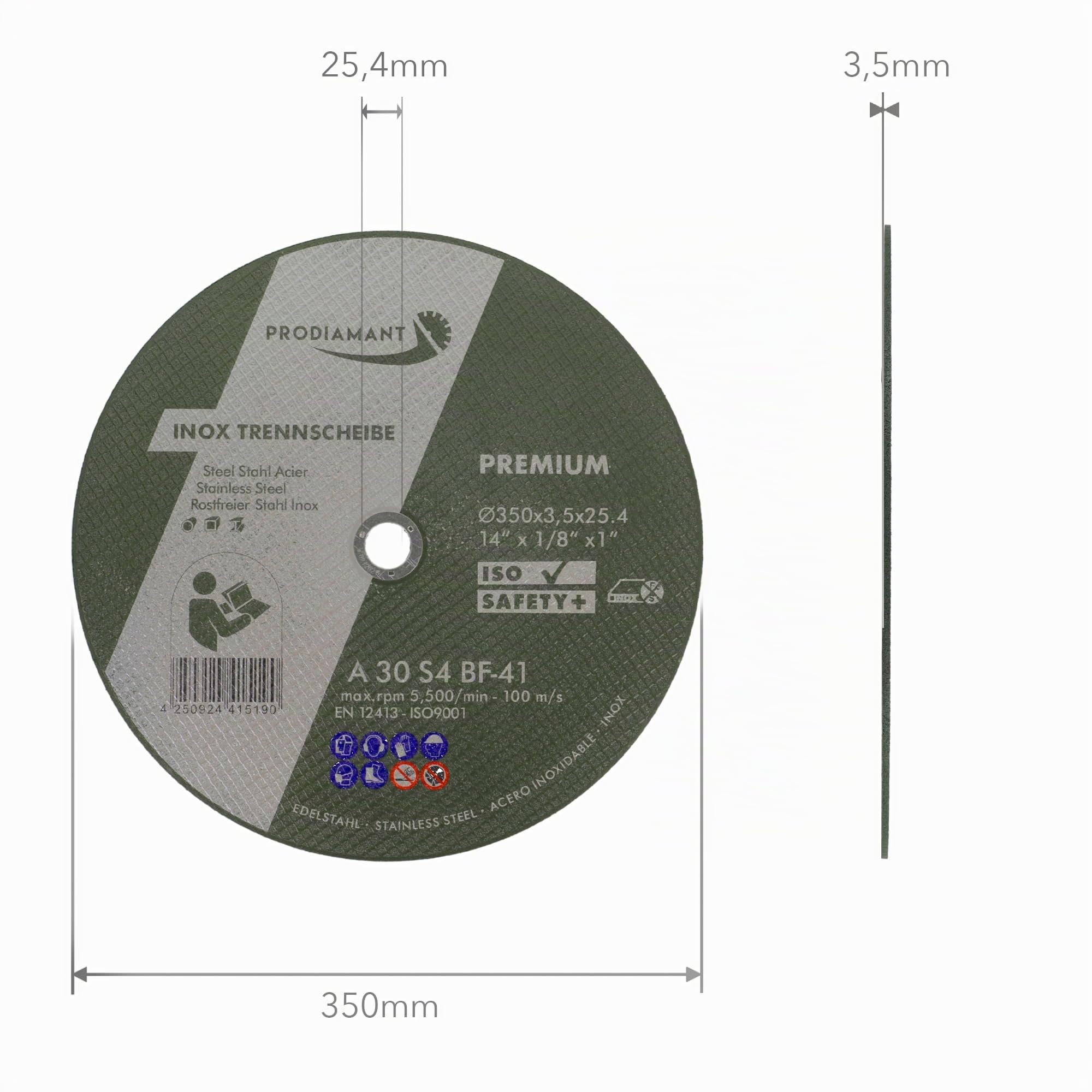 PRODIAMANT Trennscheibe 350mm x 25,4mm x 3,5mm 10 Stück Inox Flexscheibe für Metall und Stahl