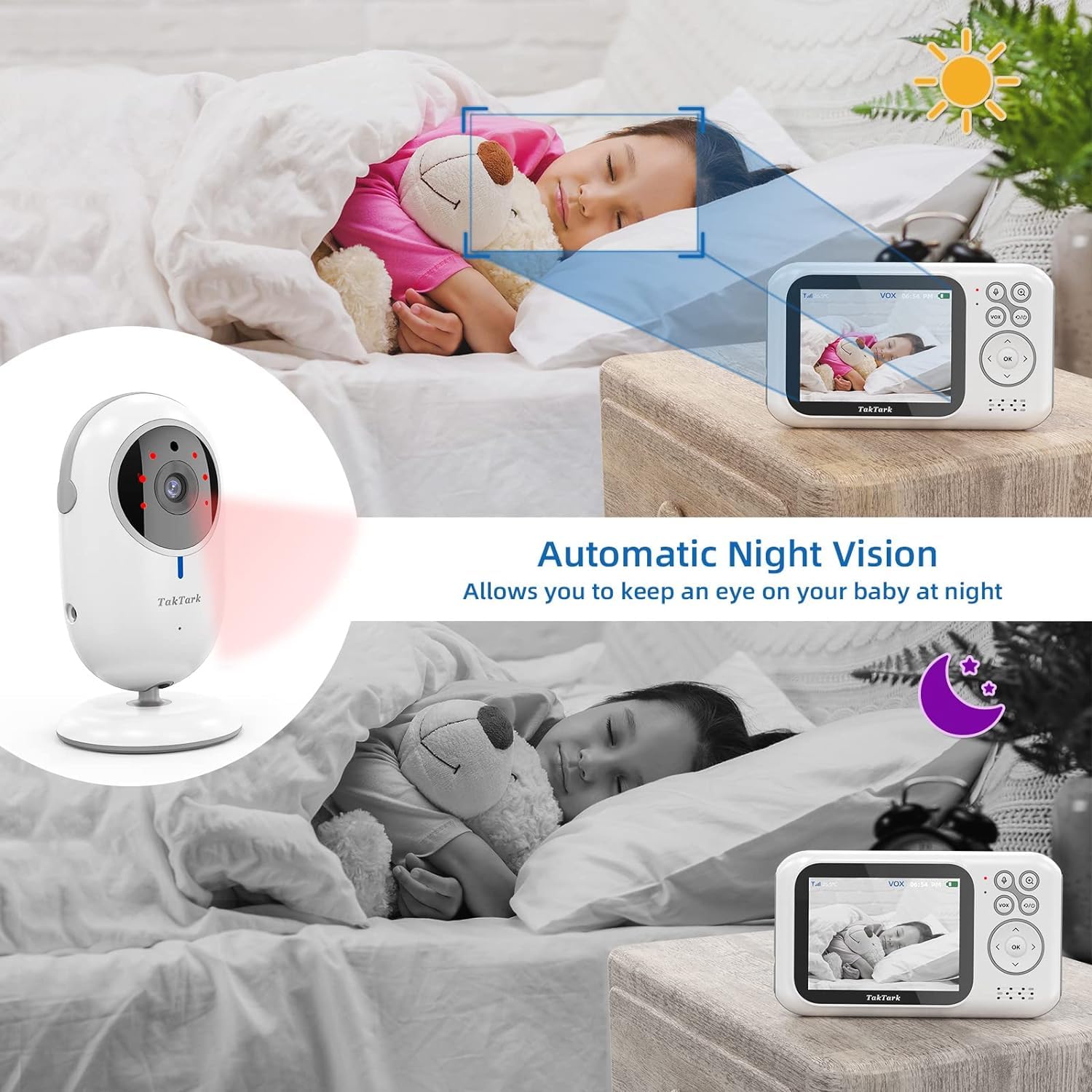 TakTark Baby Monitor Video e Audio, 3.2'' IPS 750mAh Telecamera Bambini con Monitor Video Baby Monitor Videocamera VOX, Visione notturna, Comunicazione Bidirezionale Sensore di temperatura