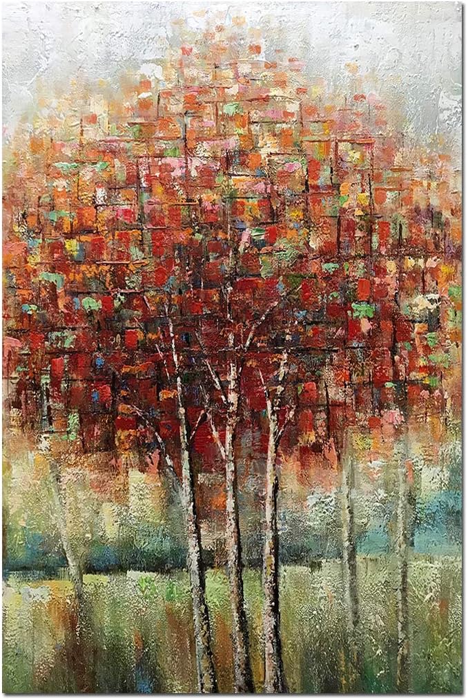 Boiee Art,24x36Inch Hand-Painted Abstract Tree Canvas Wall Art Red Birch Trees Oil Paintings Fall Landscape Artwork Modern Home Decor Art Wood Inside Framed Ready to Hang for Living Room