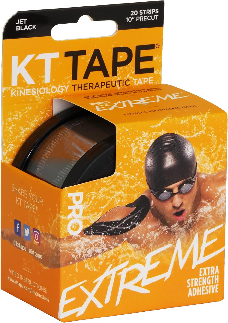 KT Tape Pro Extreme Therapeutic Elastic Kinesiology Sports Tape, 20 Pre cut 10 inch Strips, 100% Synthetic Water Resistant Breathable, Pro & Olympic Choice, Jet Black: Health & Personal Care