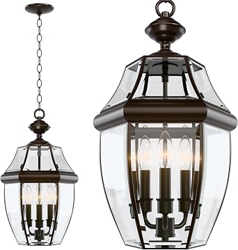 Large Outdoor Pendant Light Fixture 3-Light, 20in Modern Bronze Outdoor Chandelier Hanging Porch Light, Metal Exterior Ceiling Mount Hanging Lantern with Clear Glass for Front Door, Entrance, Gazebo