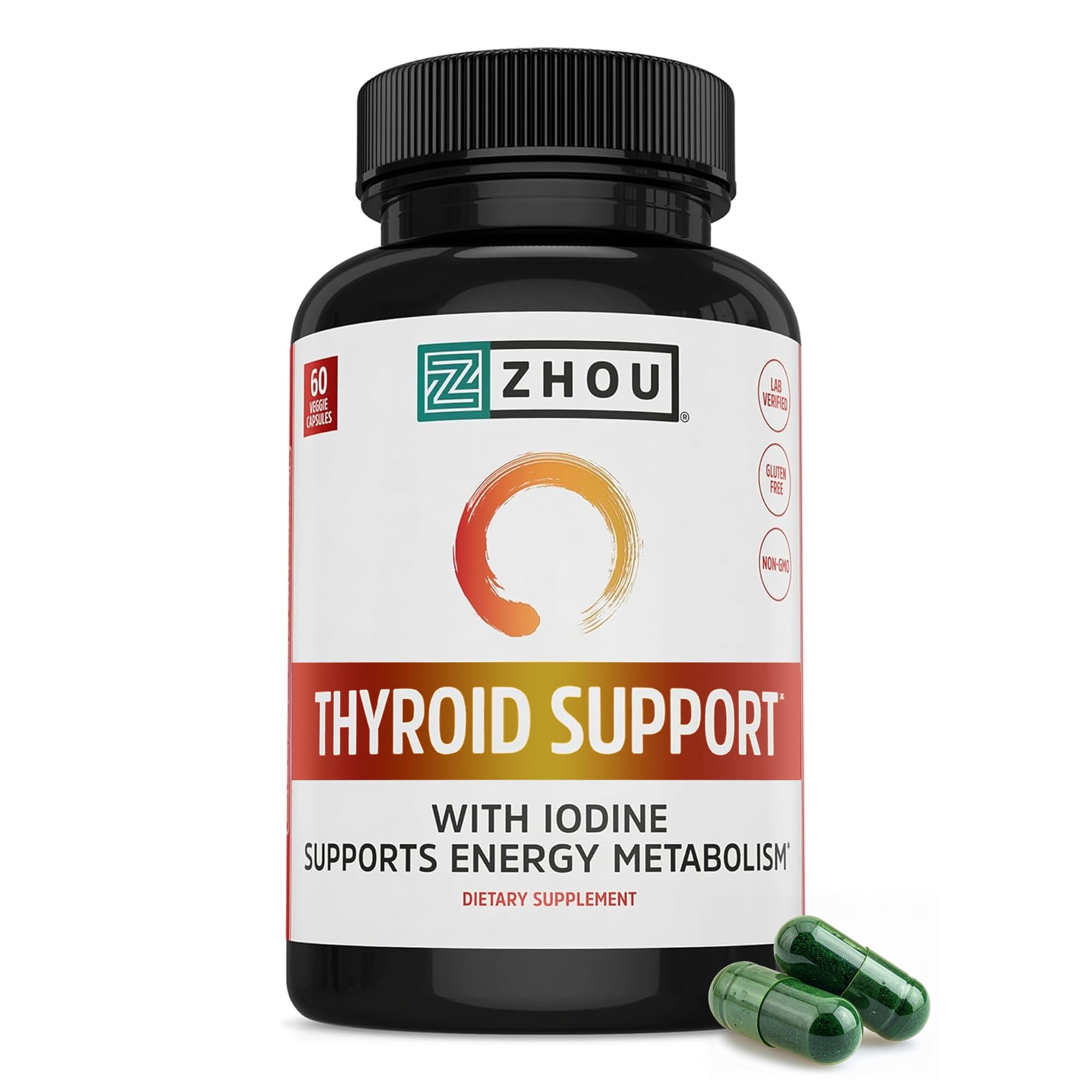 ZHOU Thyroid Support - Thyroid Supplement for Women & Men with Zinc, Iodine, & Selenium, Cellular Energy Thyroid Complex with Ashwagandha, Kelp - 60 Veggie Capsules (Pack of 1)