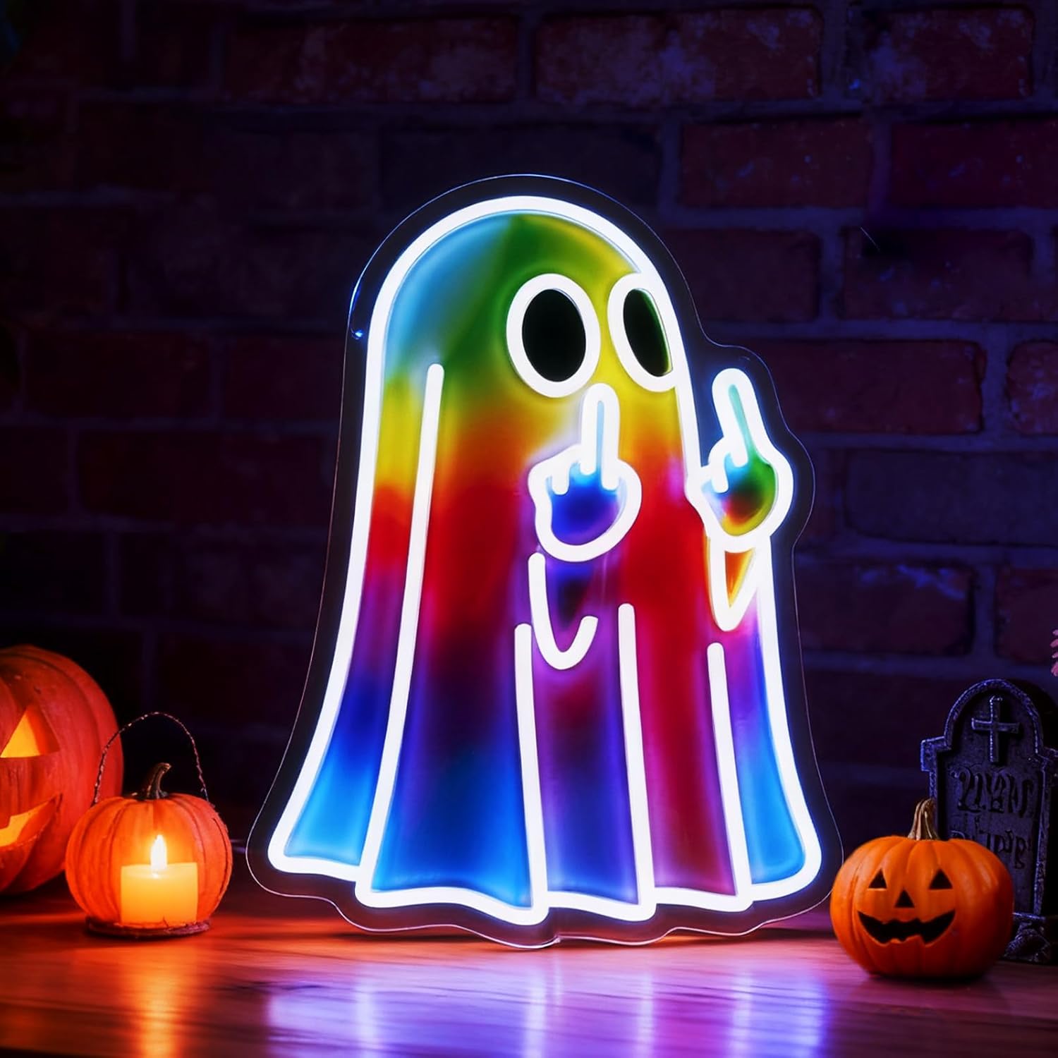 Funny Ghost Neon Sign with Dimmable Switch, 12"x16" Colorful LED Neon Light for Wall Decor, USB Powered Halloween Neon Sign for Bedroom, Game Room, Bar, Man Cave, Kids Room, Party, or Gift