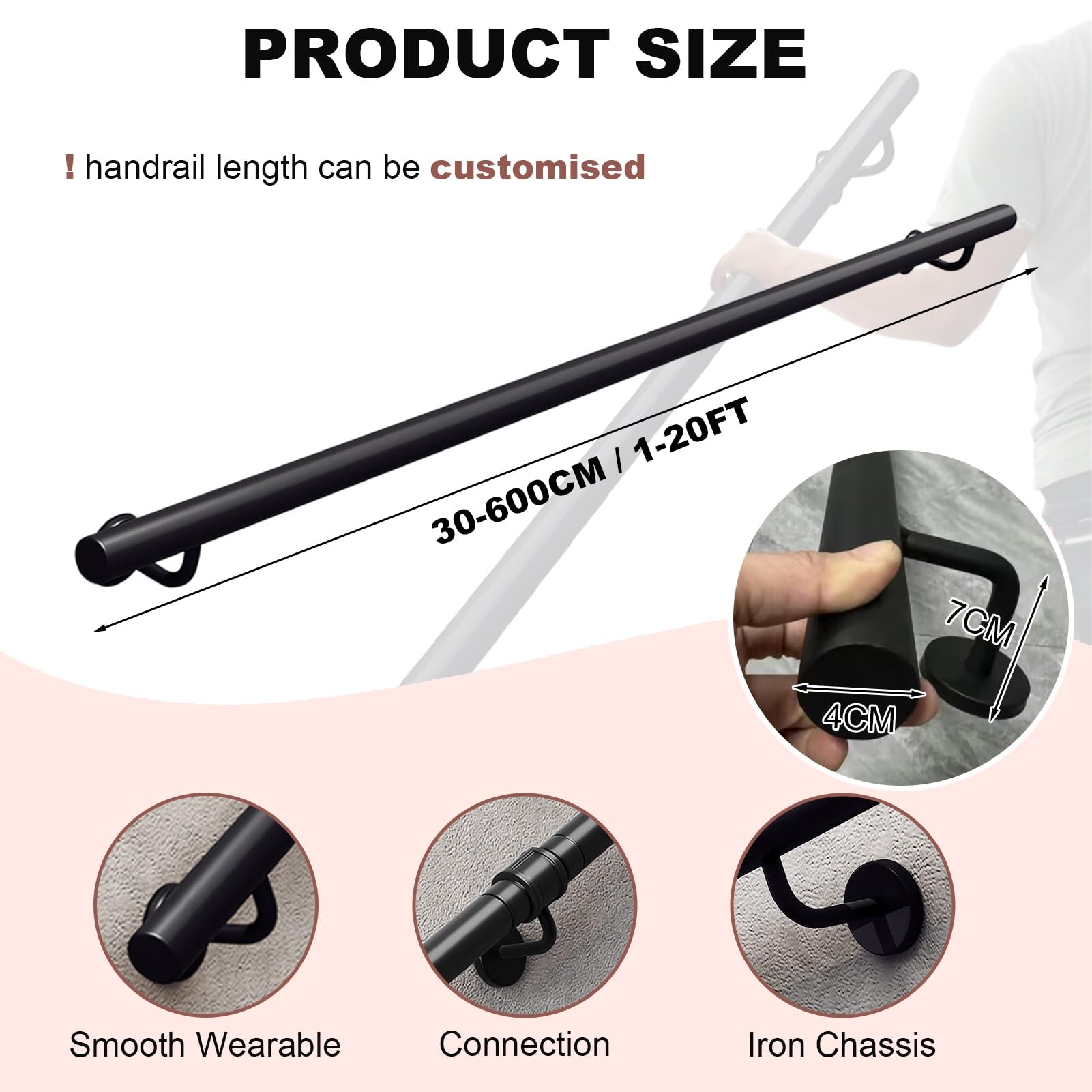 MARXAN Modernes Treppengeländer aus Eisenrohr, Industrietreppengeländer, Treppengeländerhandläufe mit Wandhalterungen und Metallschrauben, rutschfeste Loft-Treppengeländer-Korridor-Stützstange(150cm)
