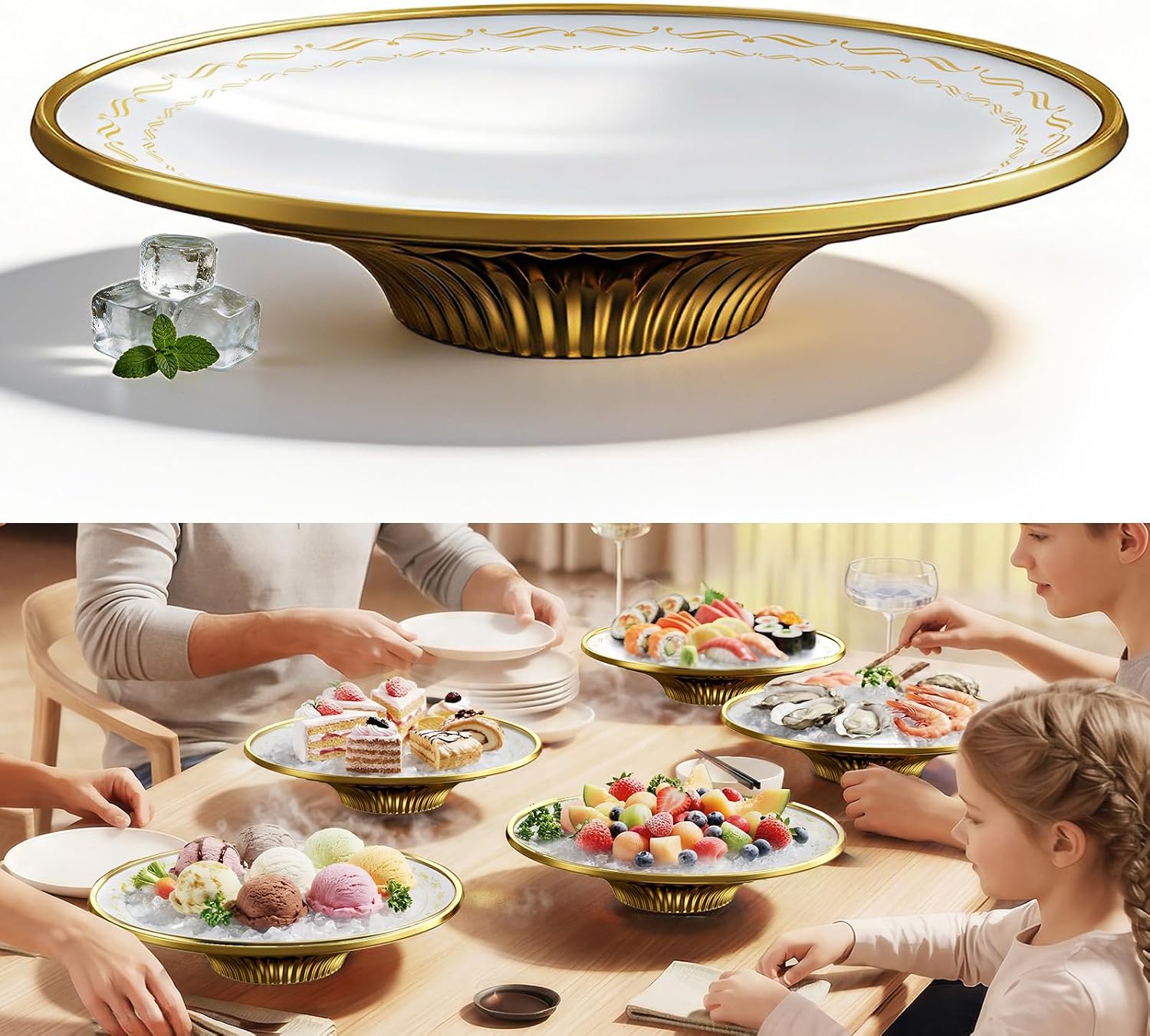 Gold Chilled Serving Tray with Freezable Ice Base, 7.8″ Elegant Elevated Ice Pla…