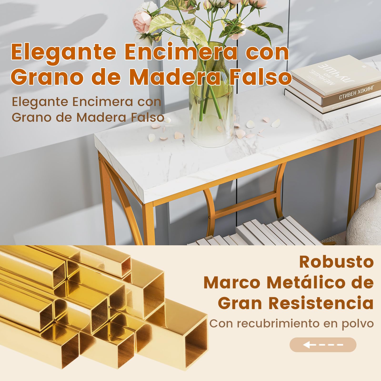 COSTWAY Mesa Consola de 2 Niveles con Superficie de Mármol Falso, Entrada Recibidor, Marco de Metal Resistente, Mesa Auxiliar Larga para Sofá, Mesa de Acento Moderna con Estante, 180 x 30 x 80 cm