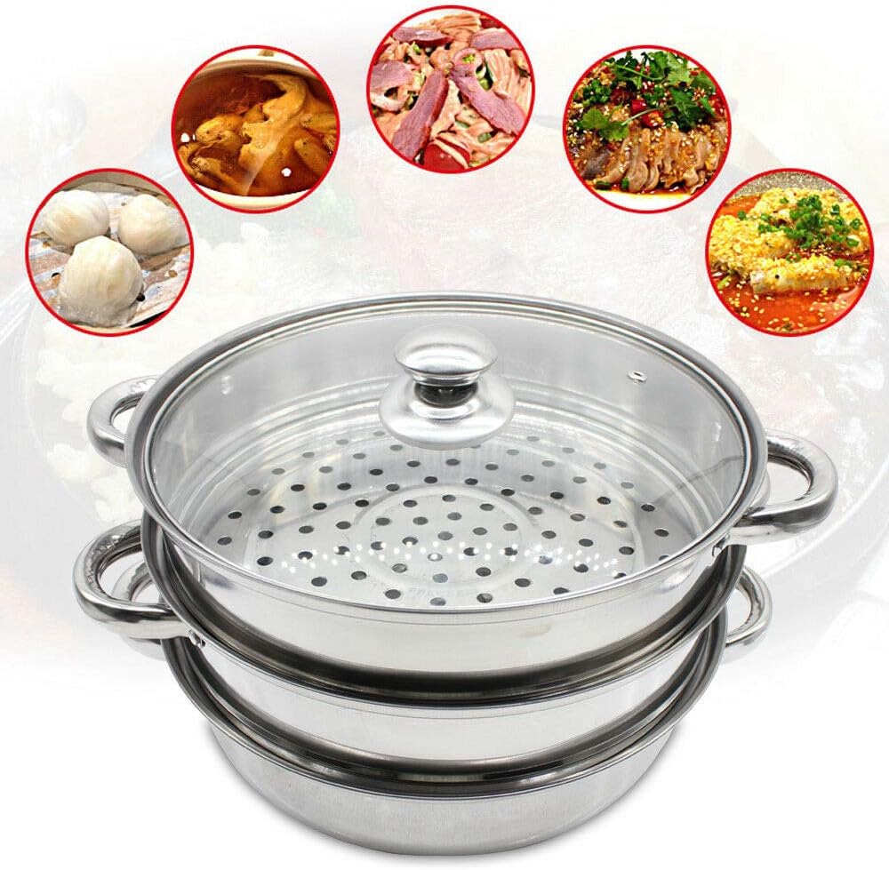 3 Tier Stainless Steel Steam Pot Kitchen Cooker Meat Vegetable Cooking Steamer with glass lid for Dumplings Veg Fish Meat Rice Dim Sum Pasta Cooking