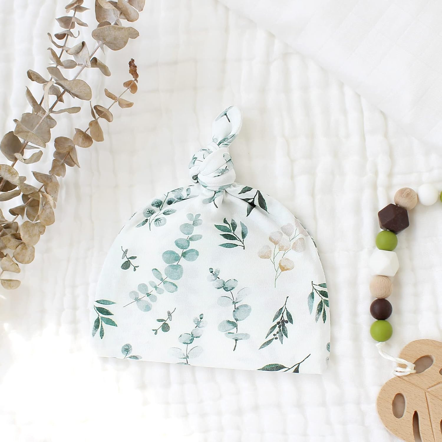 LifeTree Newborn Swaddle Set with Matching Hat and Headband Bow, Wooden Birth Announcement Card, Muslin Baby Swaddle Blankets for Boys & Girls, Eucalyptus Pattern - Image 7