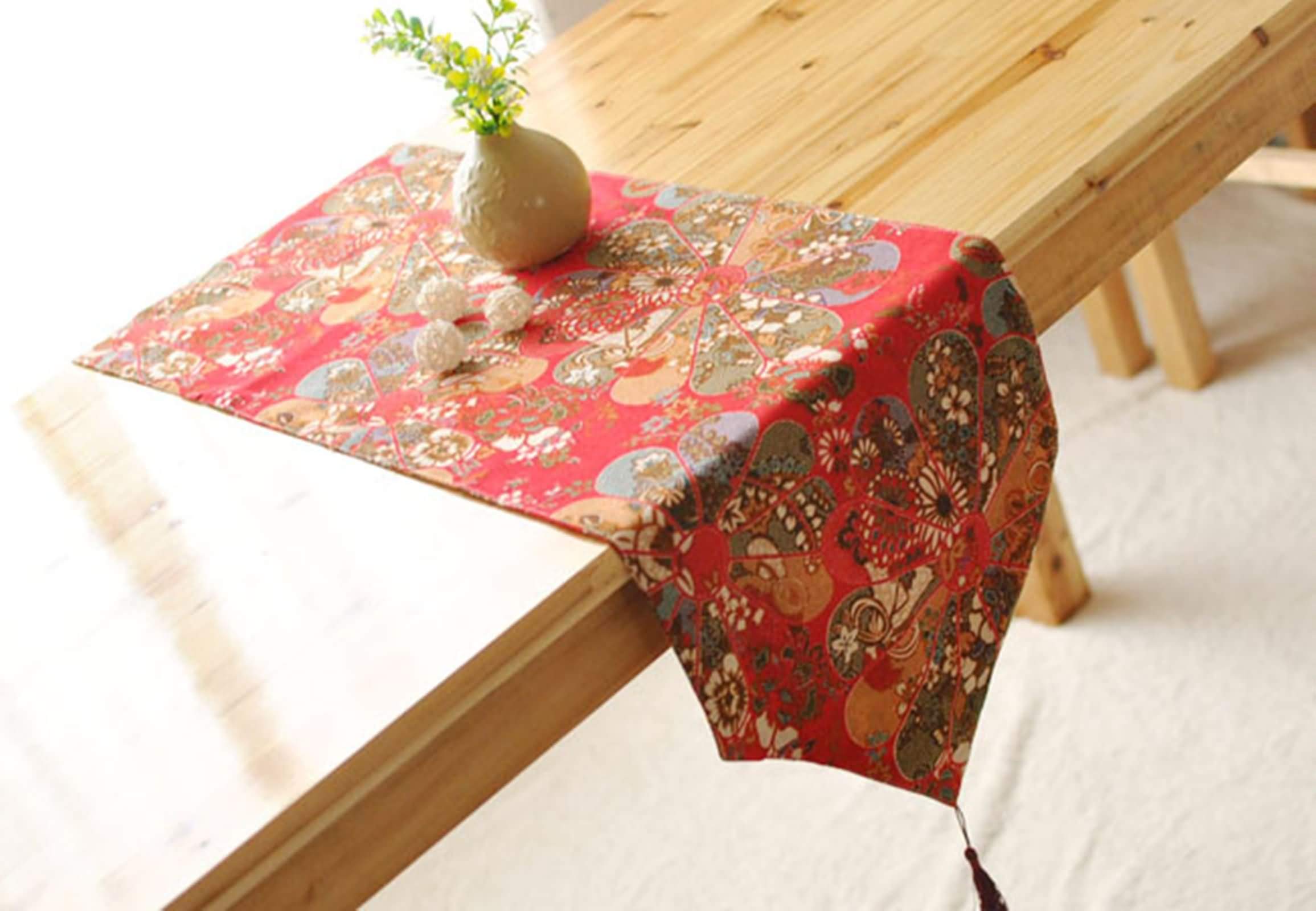 Runner Tavola Lino Cotone, Runner Tavola Rosso Modello a Ventaglio Vintage Runner Da Cucina, 30x200CM