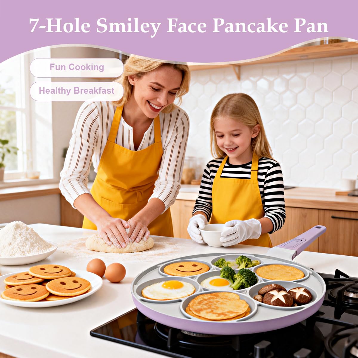 Sartén para Crepé Induccion 26.5cm con Caritas Sonrientes, Revestimiento Cerámico Antiadherente, Sartén para Tortitas 7 Agujeros con Mango Extraíble - Morado