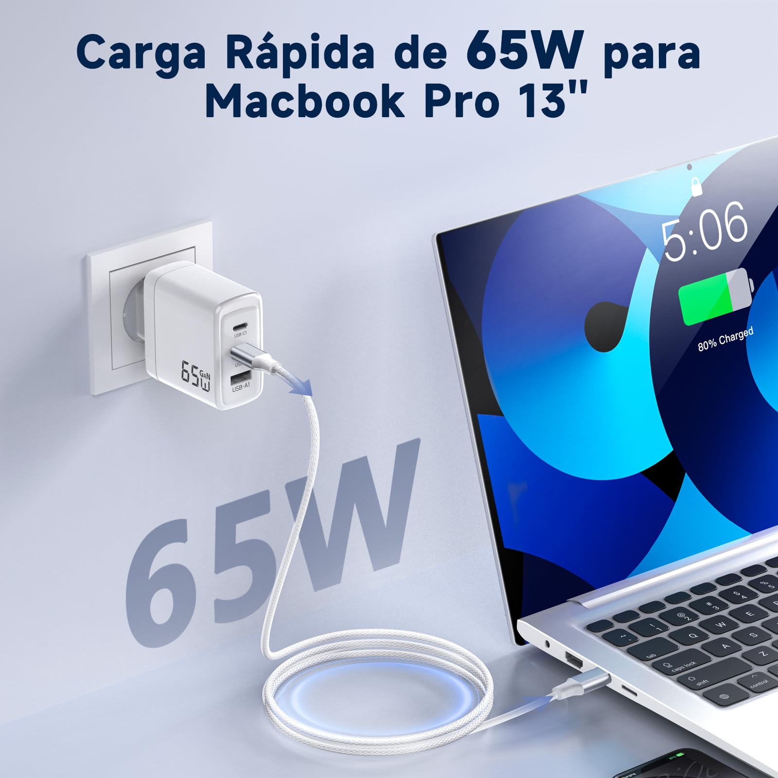 Cargador USB C 65W, Carga Rápida 3 Puertos PD3.0 & QC3.0, GAN II con Cable USB C Trenzado 2M, Compatible para MacBook Pro/Air, para iPhone 17/16/15, para Samsung Galaxy S25/S24/S23/S22 Ultra