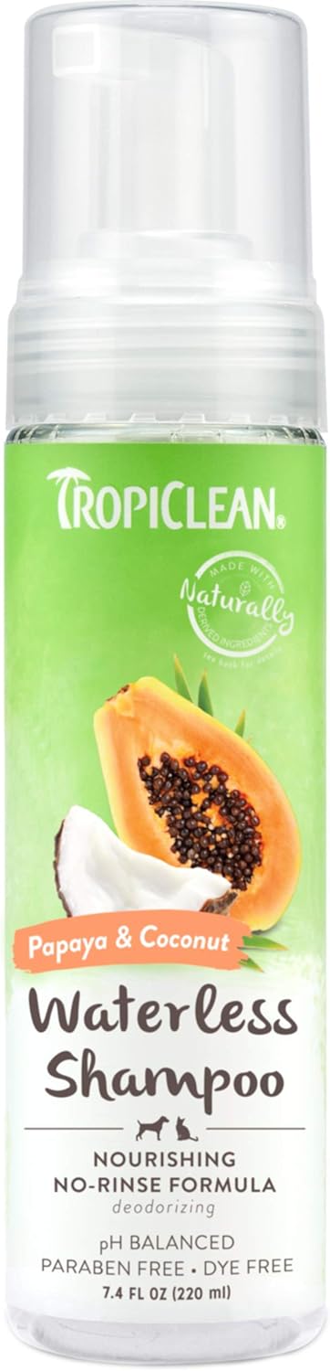 TropiClean Papaya Waterless Shampoo for Pets, 7.4oz - Made in USA - Moisturizing Waterless Shampoo for Dogs & Cats - Nourishes Dry Skin - Sweet Papaya & Coconut Scent - No Rinsing Required