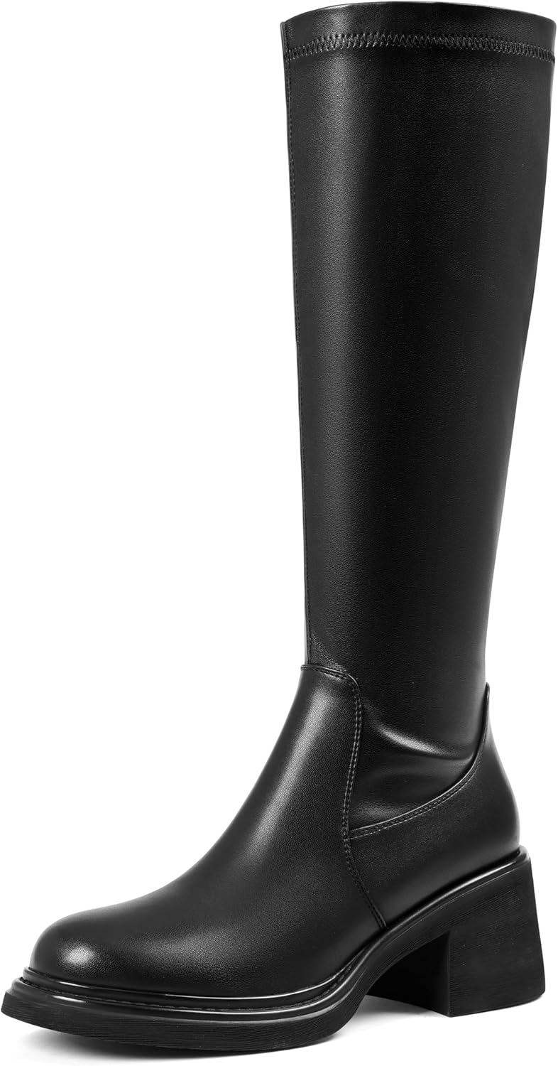 Women's Knee High Boots Stretch Chunky Heel Tall Riding Boots