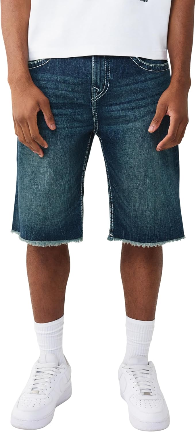 True Religion Men’s Vinny Super T Flap Baggy Fray Short – Super T Stitching, Horseshoe Detailing