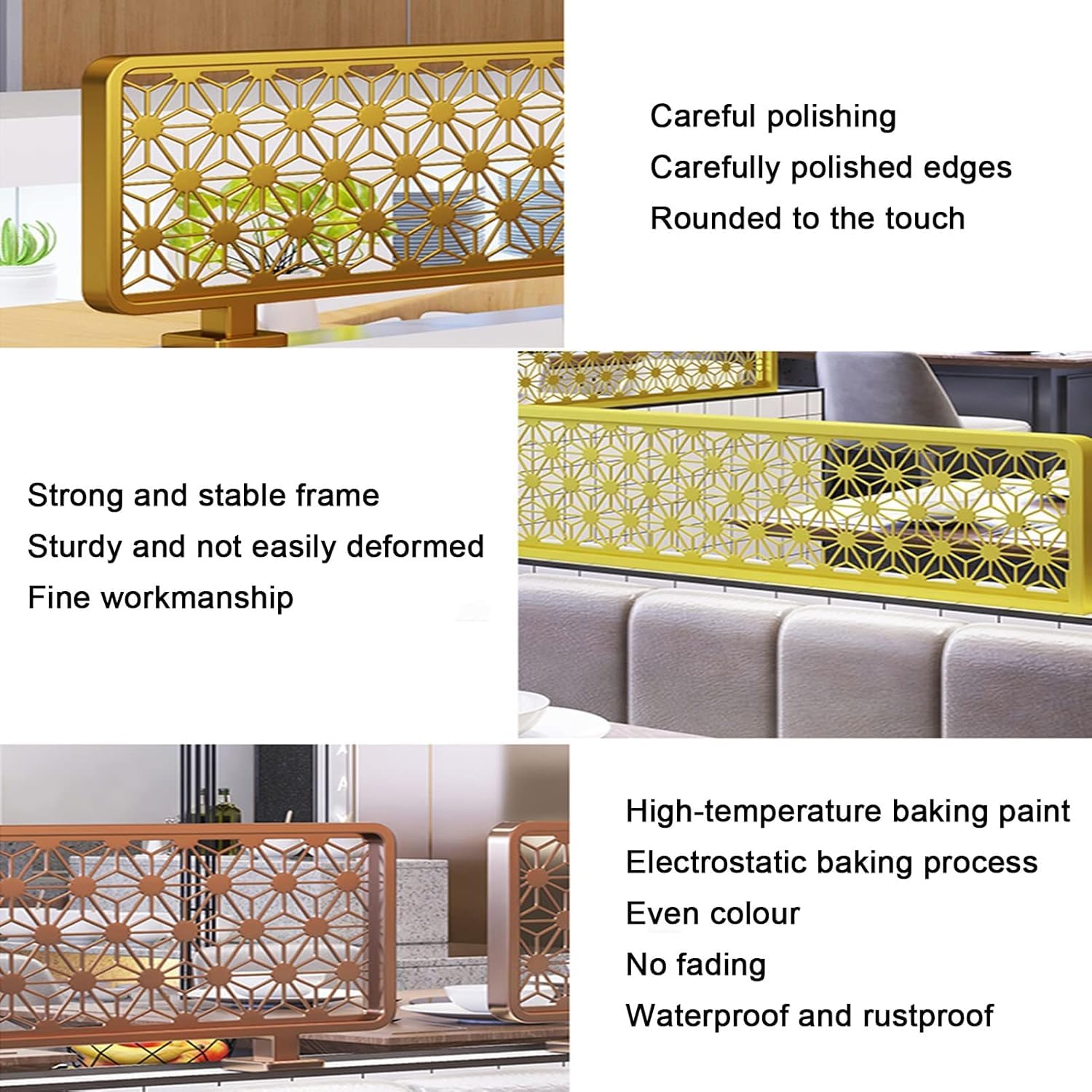 Elegantes separadores de ambientes de metal dorado para comedores y oficinas - División baja de 30 cm para espacios de mostrador - Paneles de separación elegantes (120 cm de ancho)