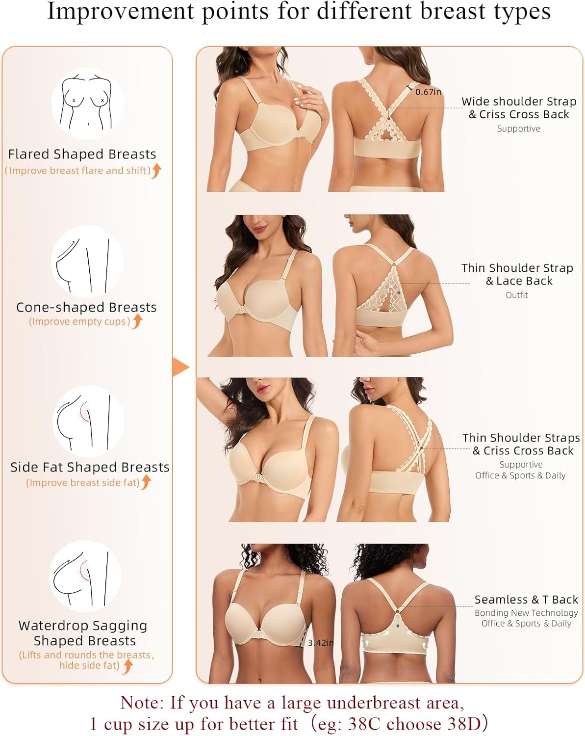 Women's Push Up Racerback Bra Front Closure Thick Padded Seamless Criss-Cross Back Underwire Bra Add Two Cup - Image 5