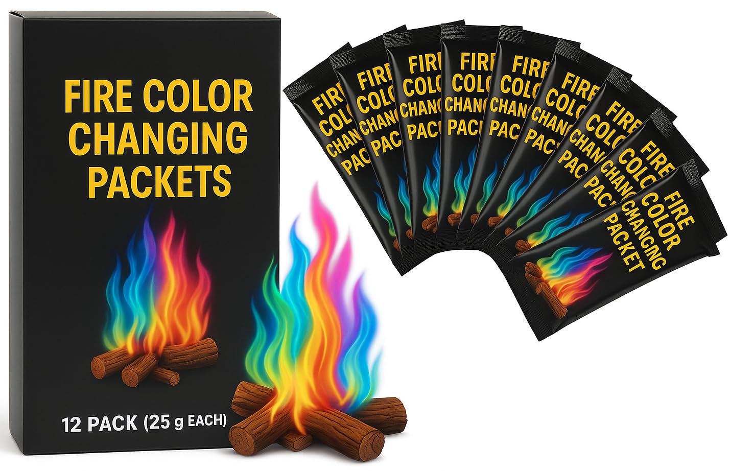 Magic Campfire Fire Color Changing Packets – 12 Pack (25g Each) – Rainbow Magical Flames for Fire Pits, Bonfires, Fireplaces – Indoor & Outdoor Use – Camping Accessory for Wood Fires-image-4