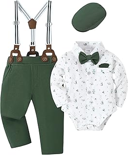Baby Boy Outfits Suits Infant Formal Dress Clothes Gentleman Wedding Print Shirt+Beret Hat+Suspender Pants+Bowtie