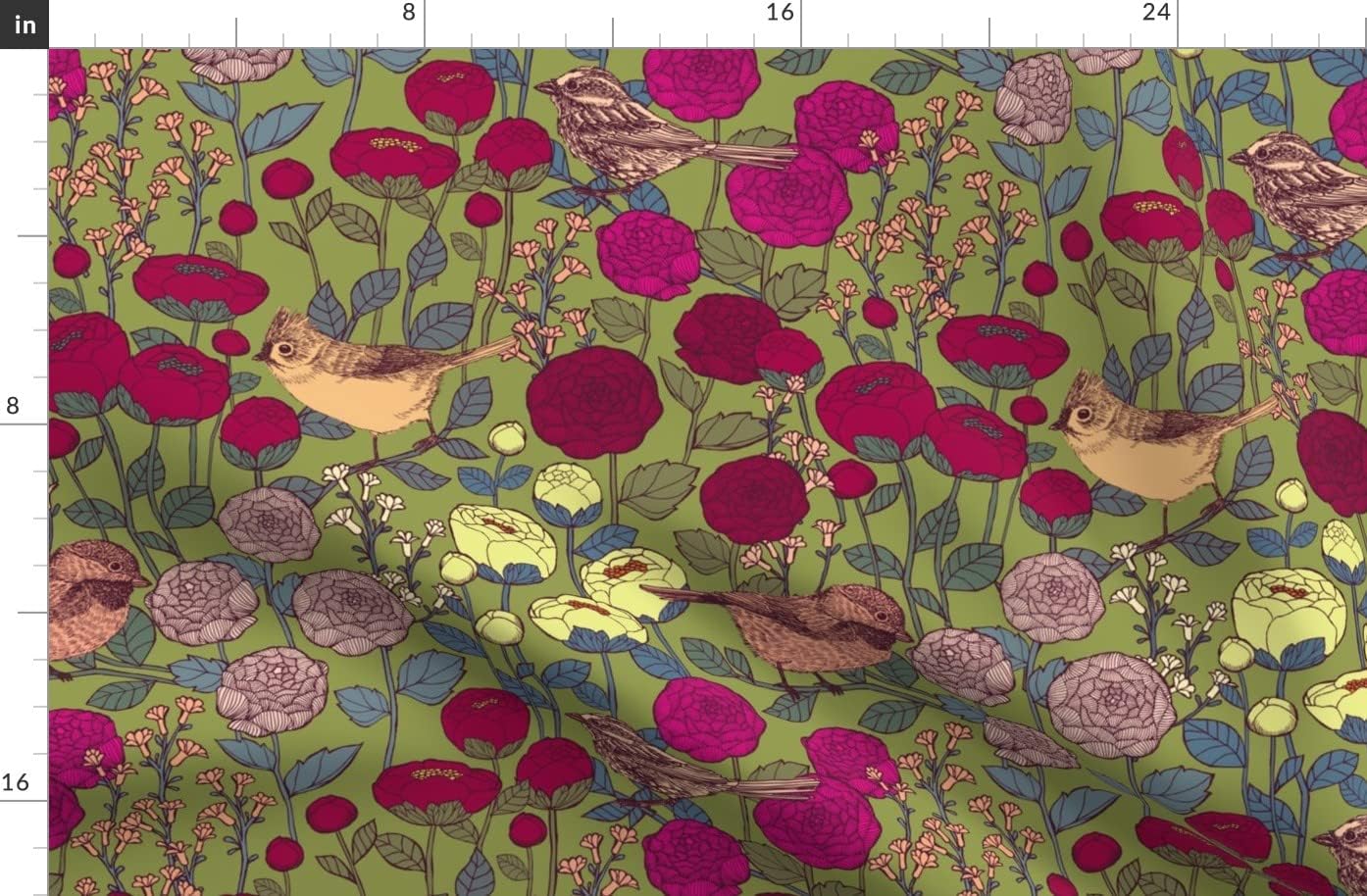 Spoonflower Fabric - Winter Garden Flowers Floral Roses Peonies Birds Nature Printed on Organic Cotton Sateen Fabric by The Yard - Sewing Quilting Apparel Home Decor