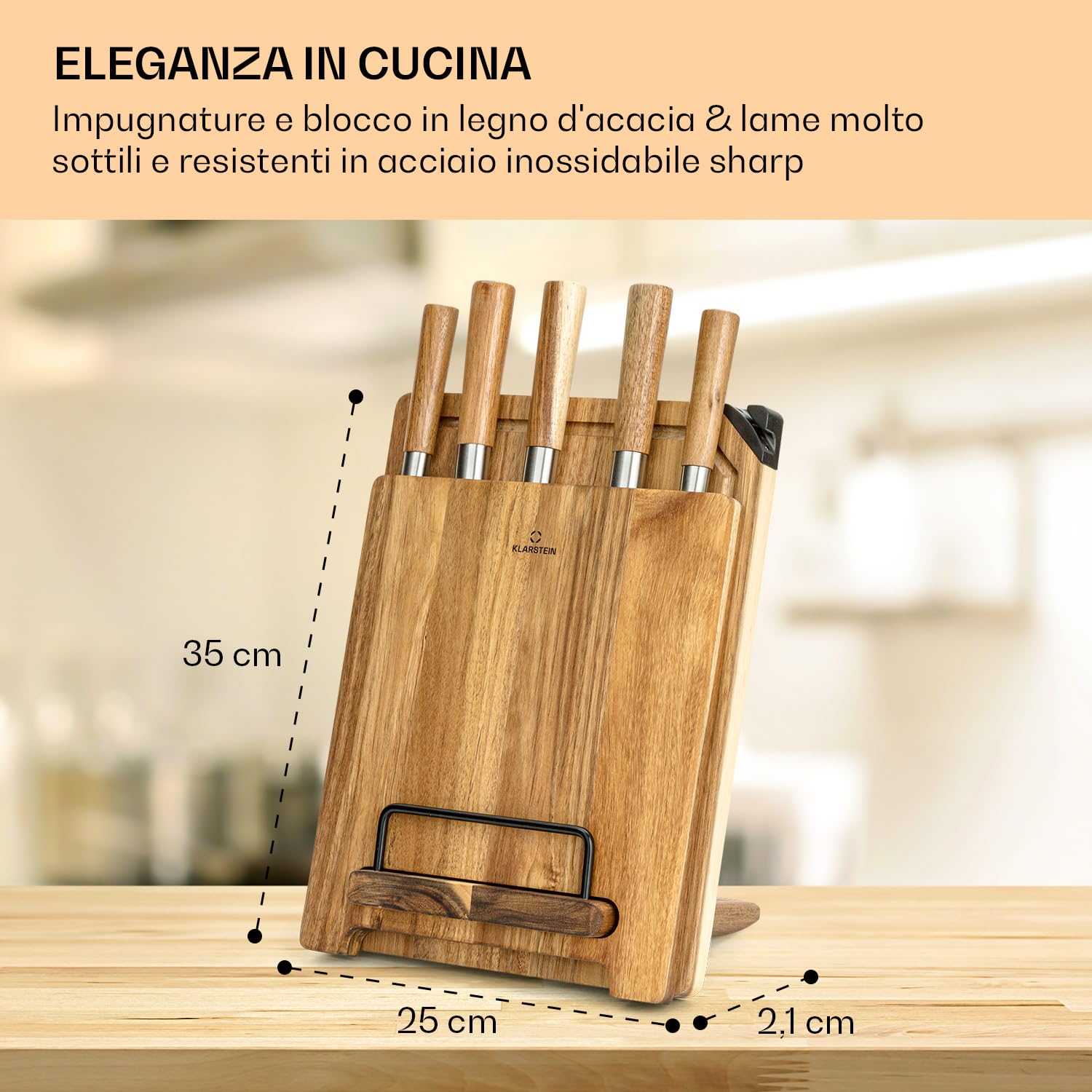 Klarstein Coltelli da Cucina Professionali 5 Pezzi, Set Coltelli da Cucina con Ceppo Magnetico, 5 da in Acciaio Legato, Set da Professionali Anti Graffio