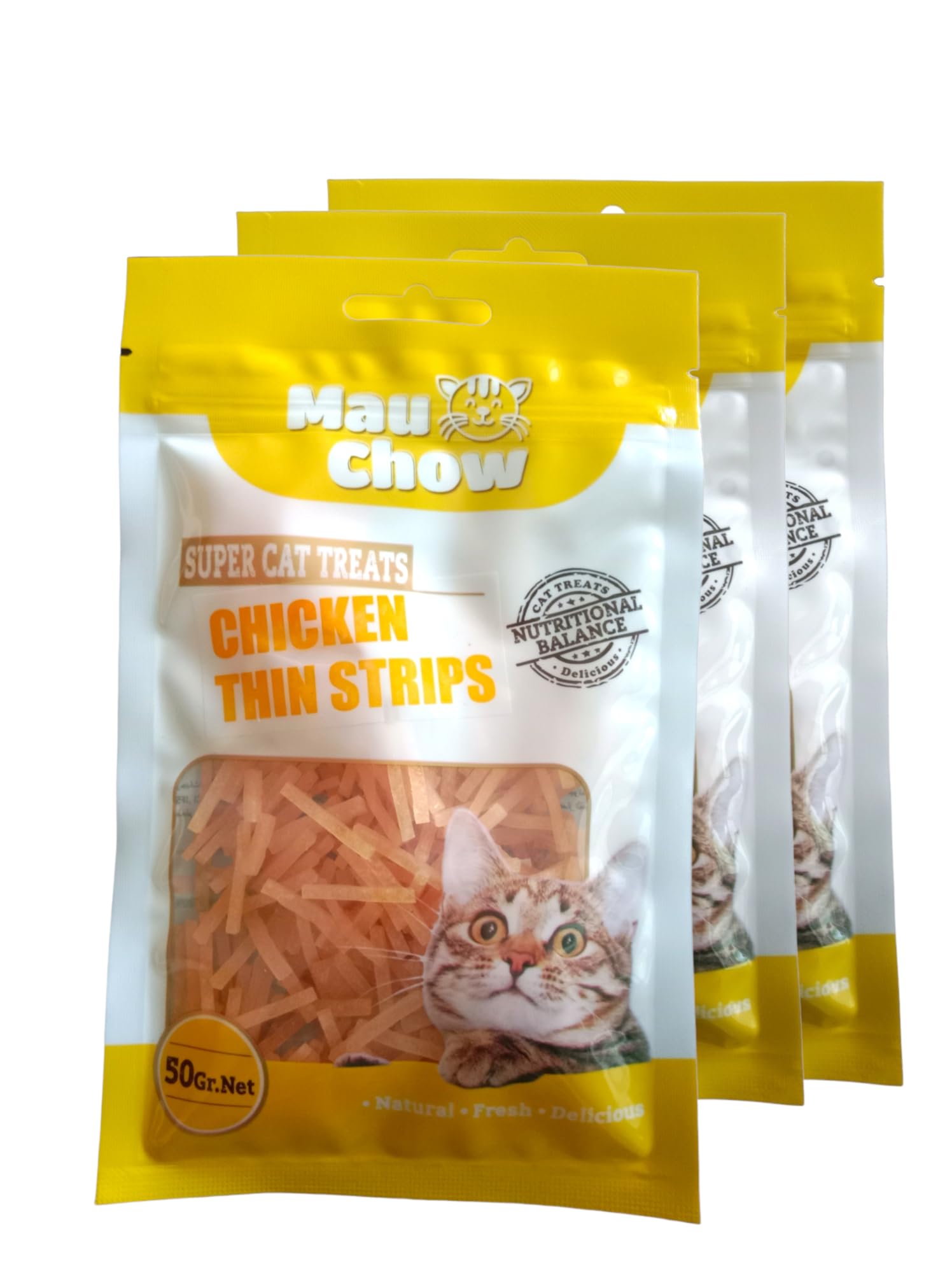 MauChow Chicken Thin Strips Cat Treats | Rich Protein | Low Fat | Highly Digestible | Healthy Snacks - Dry Savory 50g for Feline Wellness (Pack of 3)