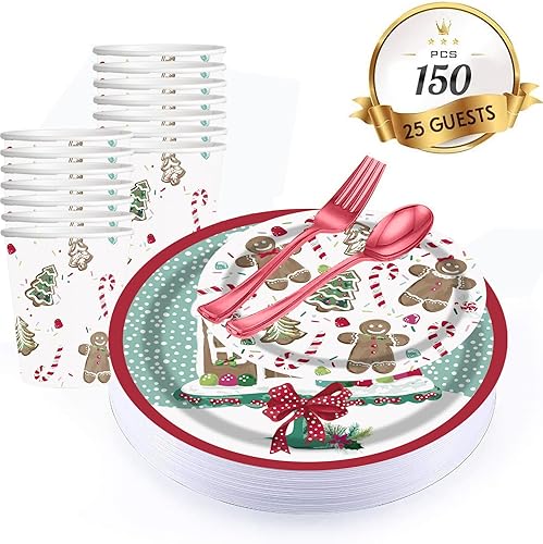 Miniatura 4 de PAMMYAN Platos y servilletas de papel para fiesta de pan de jengibre para vacaciones de Navidad y fiesta de invierno, juego de 25 galletas de