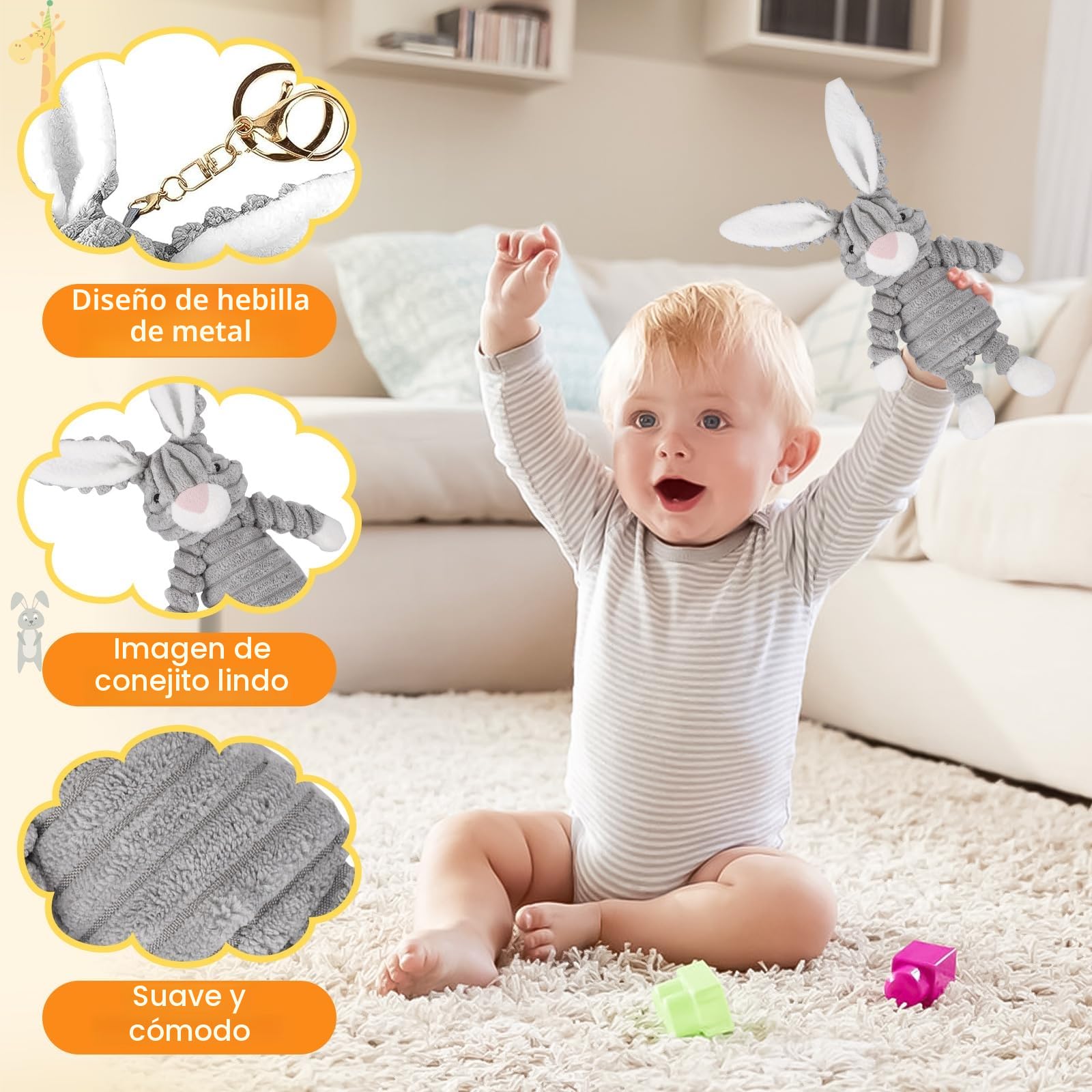 Newborn Gift Basket, Baby Gifts for Birth, Set de Regalo de Pastel de Pañales - Neutral - Set de 9 Piezas para Recién Nacido con Conejito de Peluche Gris y Sonajero de Madera - Regalo de Nacimiento