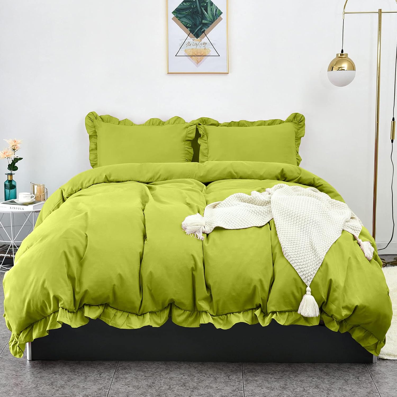 LHKIS Duvet Cover King, Lemon Green Farmhouse Duvet Cover Set, Soft Microfiber Comforter Cover Hotel Ruffle Bedding Duvet Cover 3 Pieces