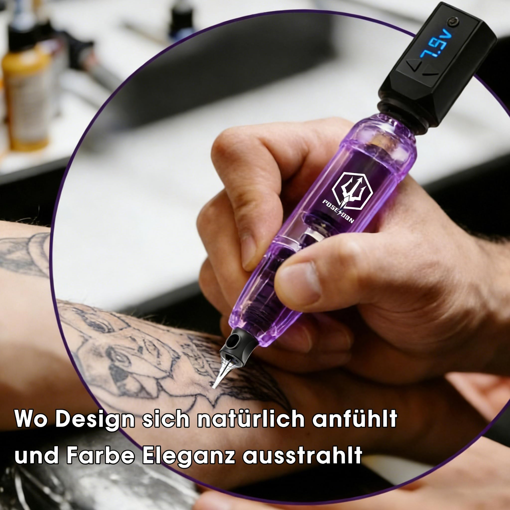 POSEIDON Kabelloses Tattoo-Pen-Set mit 2 langlebigen Akkus & komplettem Starter-Zubehör | Professionelle kabellose Tattoo-Maschine für Anfänger | Inklusive 20 Nadeln, Farben, Übungshaut