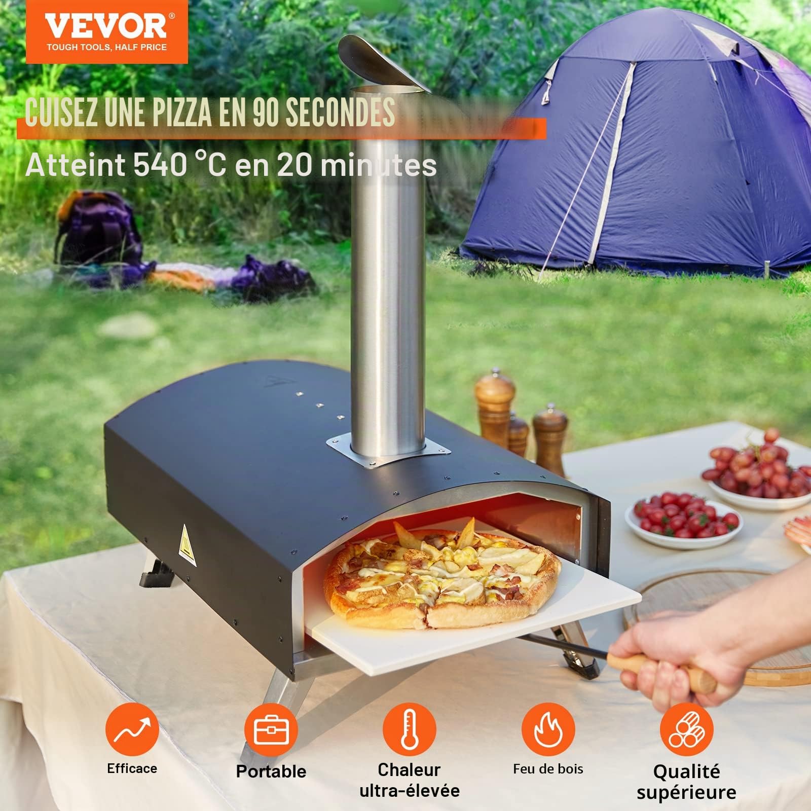 VEVOR Four à Pizza Portable 305 mm Four à Bois et Charbon de Bois Extérieur en Inox et Acier avec Pierre à Pizza Pieds Repliables 540 ℃