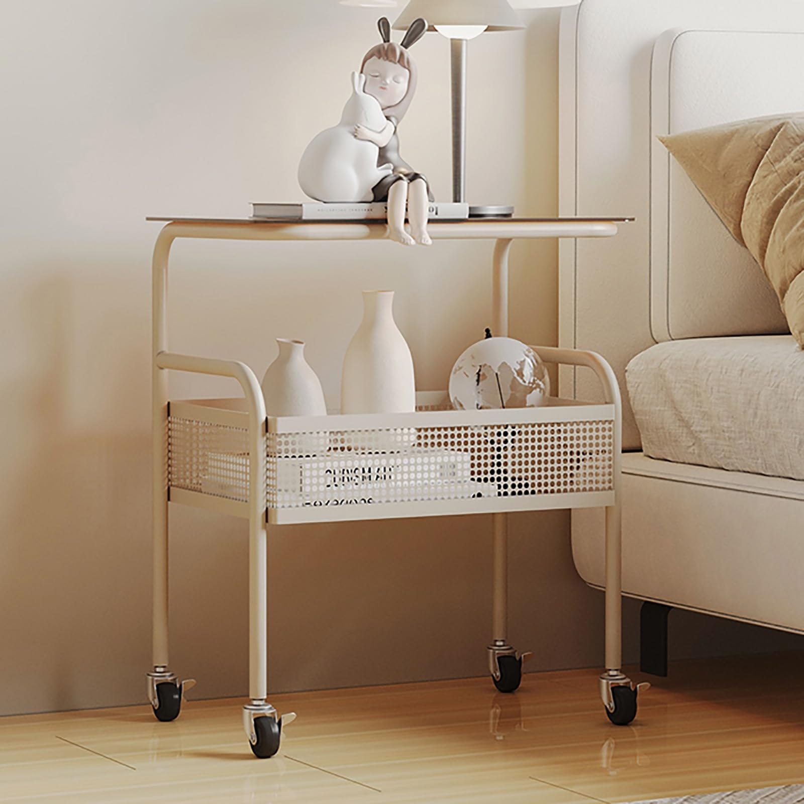 SXZenSpace Side Table with Wheels Mobile Sofa Storage End Living Room for Laptop Coffee Snack(Bianco)