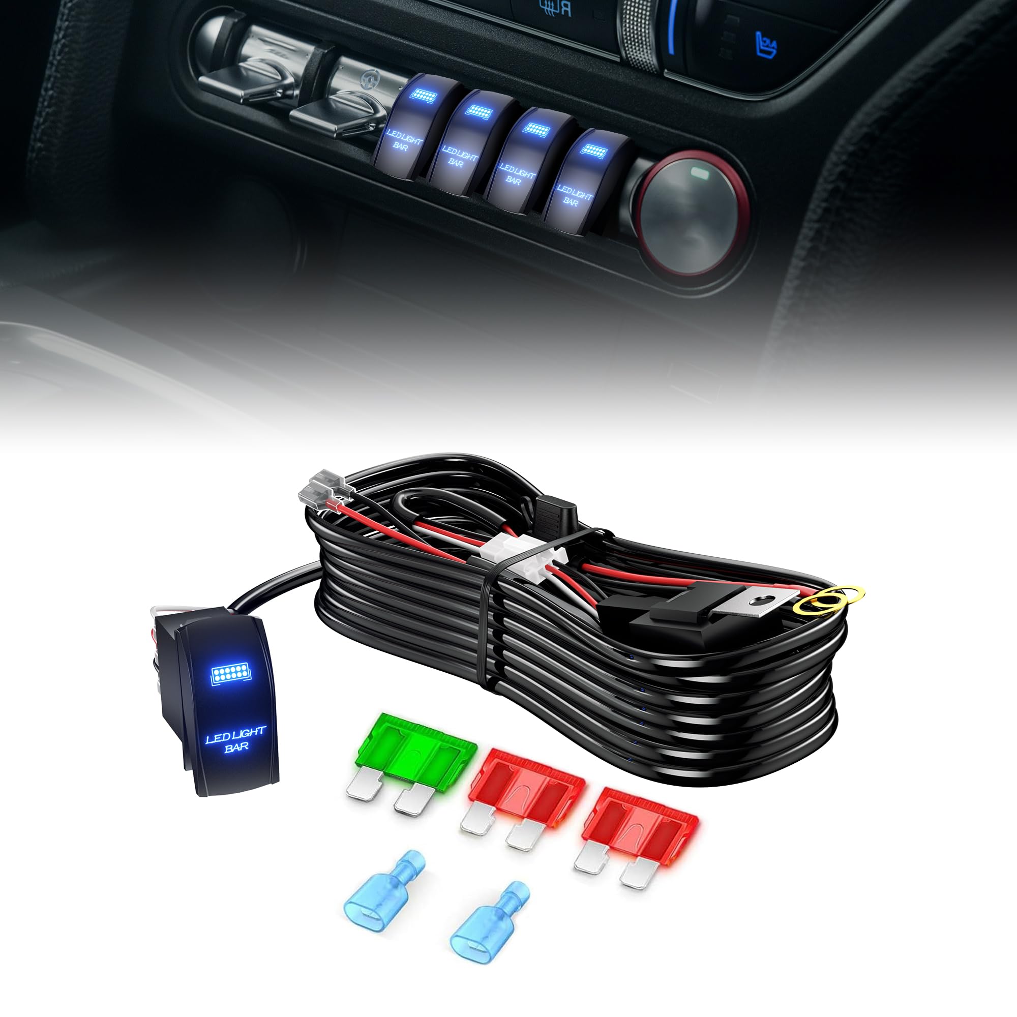 4WDKING LED Light Bar Wiring Harness Kit - 1 Lead 12AWG Heavy Duty 12V 5Pin Rocker On Off Waterproof Switch Power Relay Blade Fuse for Off Road Lights LED Work Light (L1)