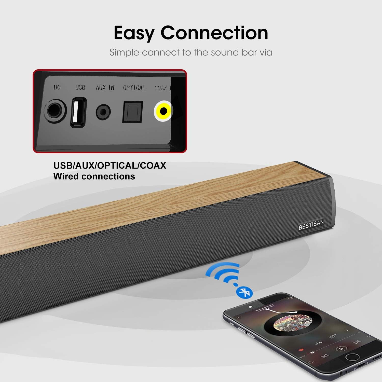 Posteriore view of Bestisan Soundbar showing all input ports and Bluetooth connectivity
