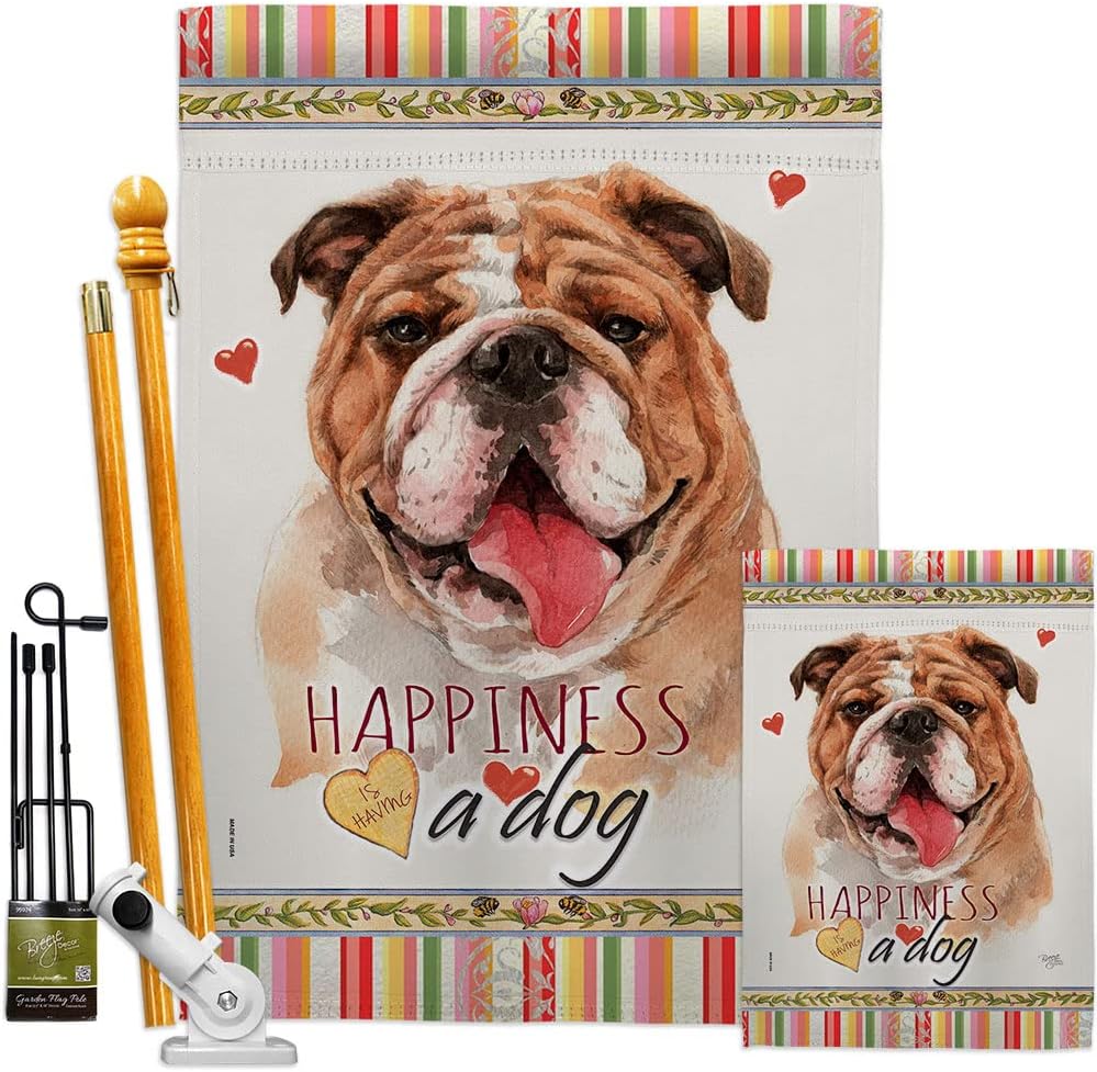 Breeze Decor Bulldog Happiness Garden House Flag Kit Dog Puppy Spoiled Paw Canine Fur Pet Nature Farm Animal Creature Decoration Banner Small Yard Gift Double-Sided, Made in USA