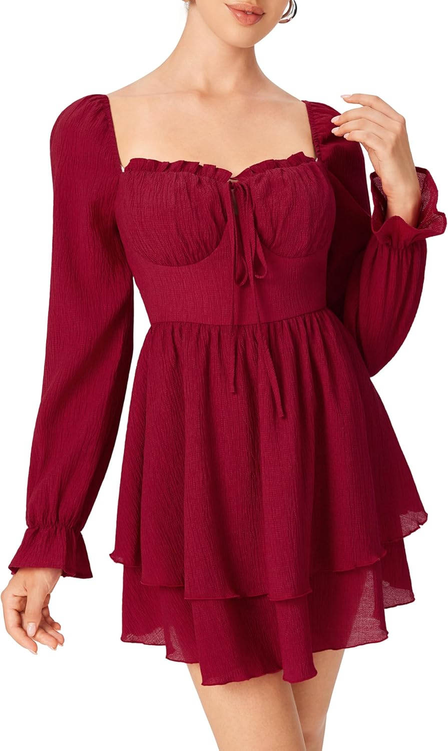CIDER Corduroy Mini Dress Square Neck Long Sleeve Tiered Ruffle Hem - Image 4