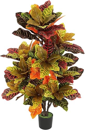 VIAGDO Planta sintética de 43 pulgadas de alto planta artificial de Croton con 142 hojas coloridas plantas de seda artificial Croton en maceta árbol